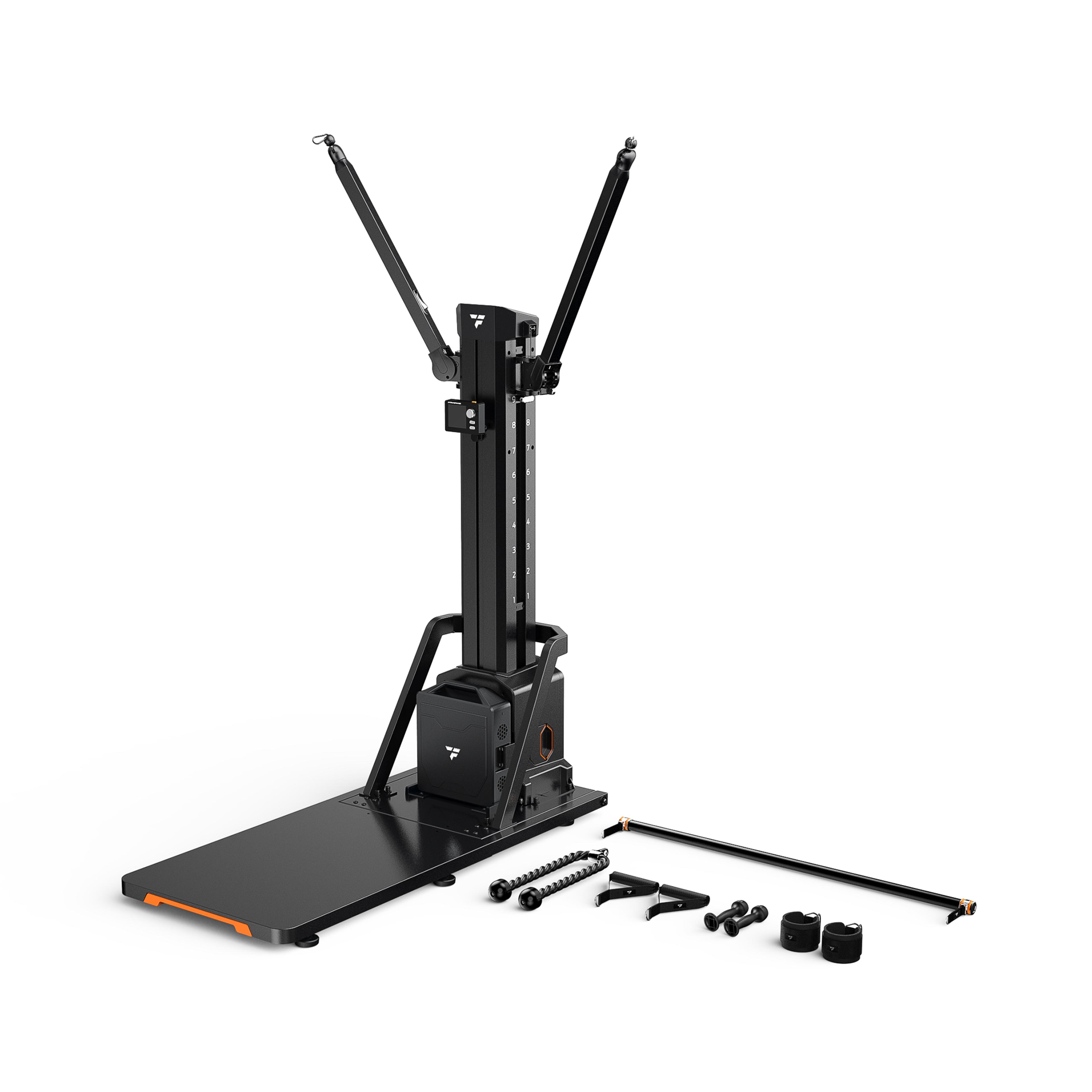 A black smart home gym machine with a vertical column, two upward-angled arms, a flat platform, and various workout attachments.