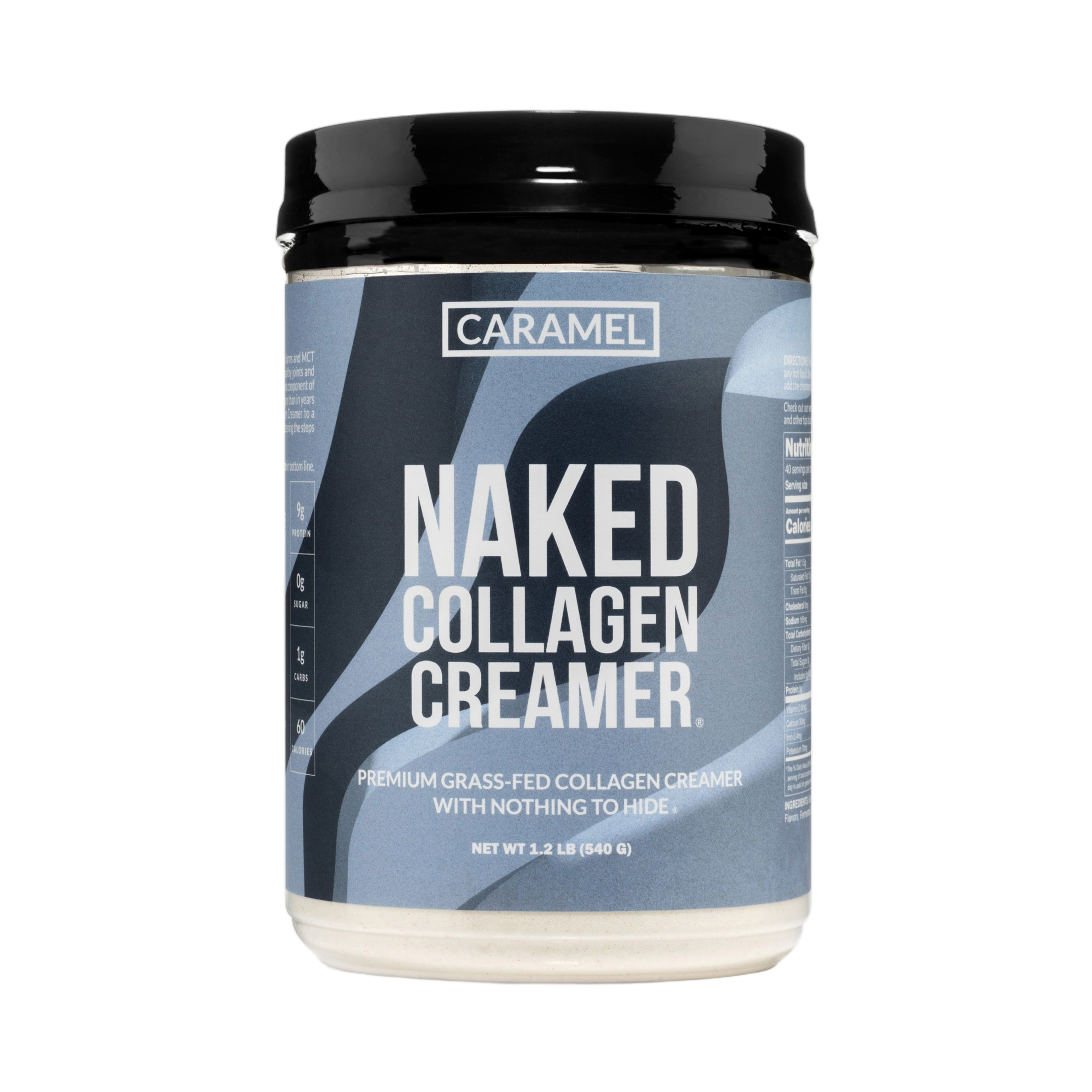 Jar of caramel collagen coffee creamer with scoop