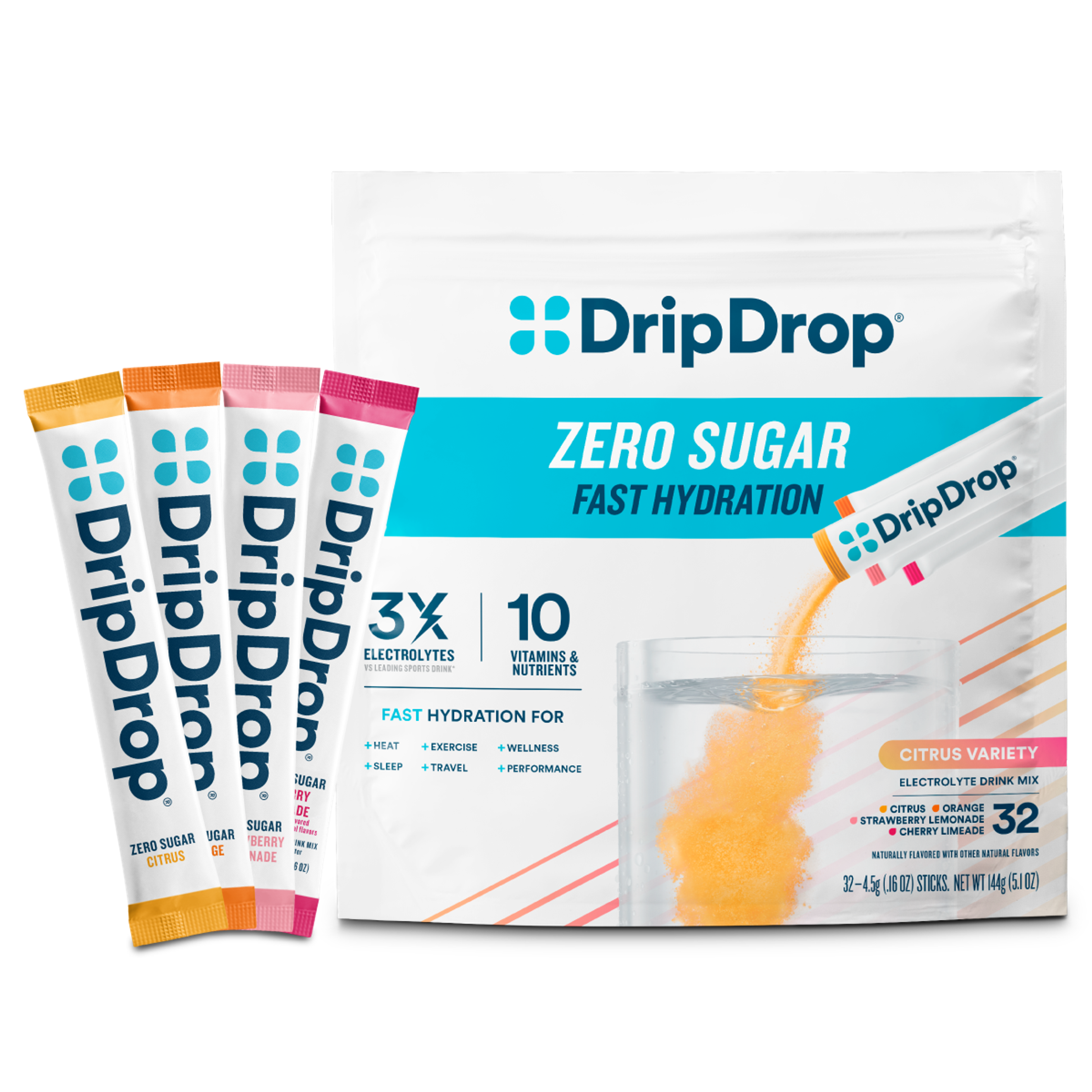 DripDrop Zero Sugar Citrus Variety Pack Electrolyte Powder, 8 oz sticks, 32 count