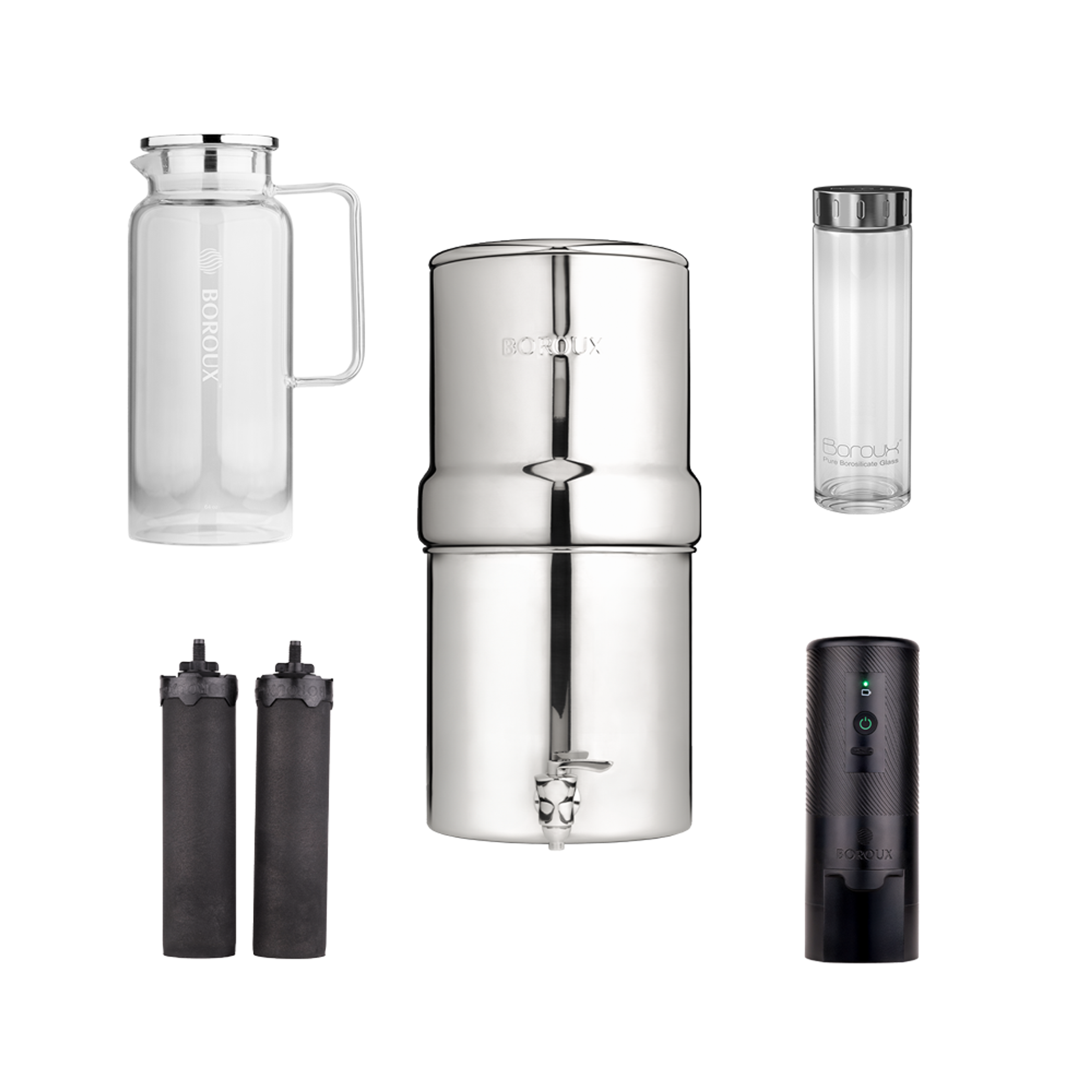 BOROUX 1.8-gallon water filter bundle with pitcher and bottle