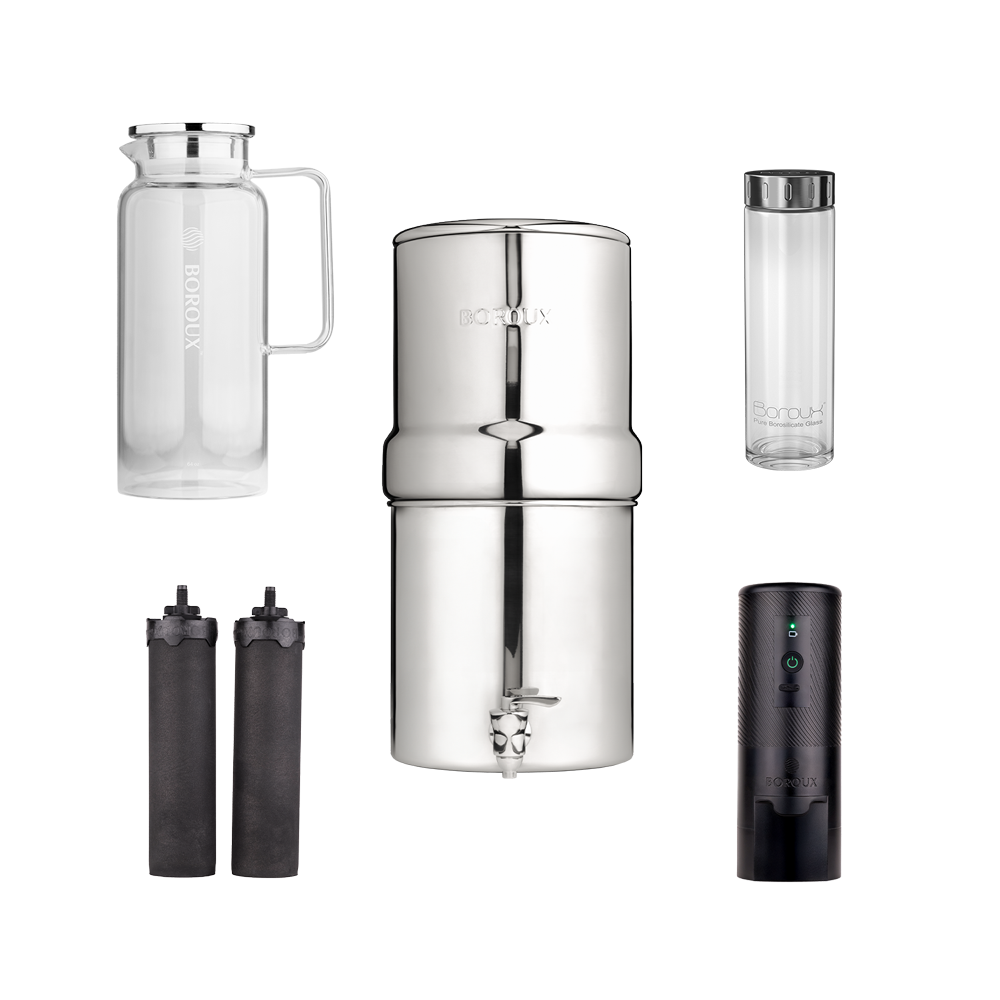 BOROUX 1.8-gallon water filter bundle with pitcher and bottle