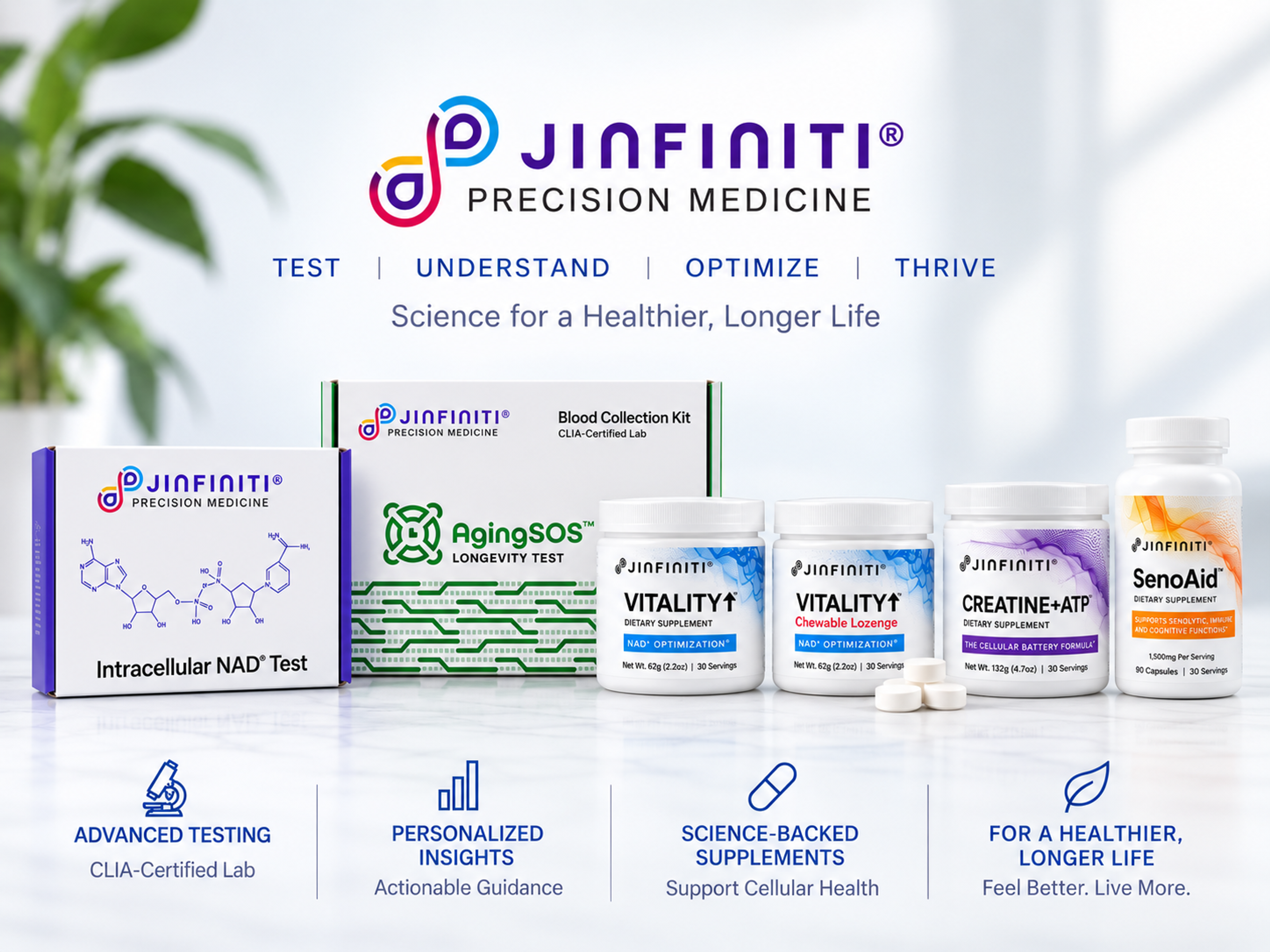JinFiniti Precision Medicine logo with NAD+ and longevity tests, Vitality, Creatine+ATP, and SenoAid supplements. Text: "Science for a Healthier, Longer Life."