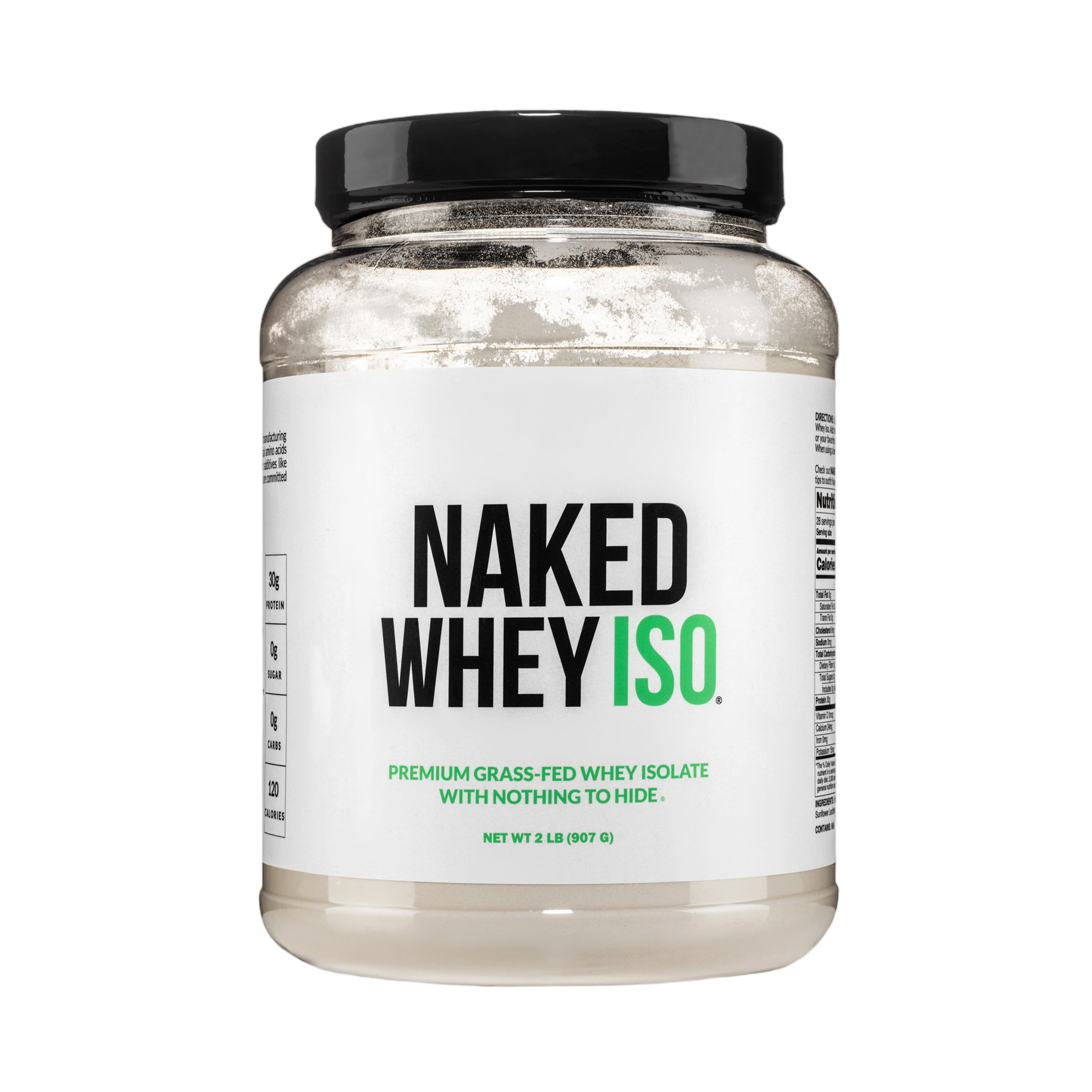 Container of unflavored premium grass fed whey isolate powder