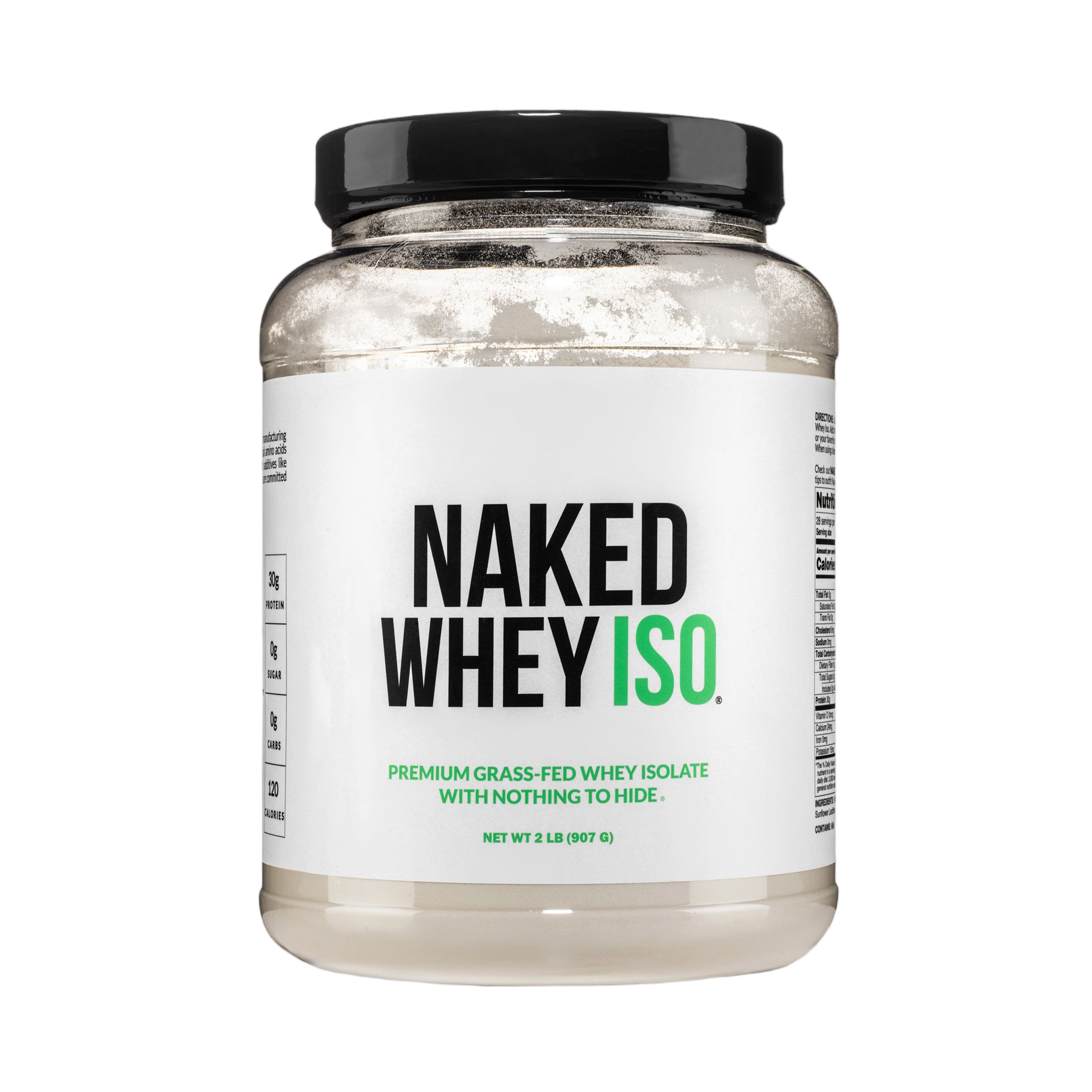 Container of unflavored premium grass fed whey isolate powder