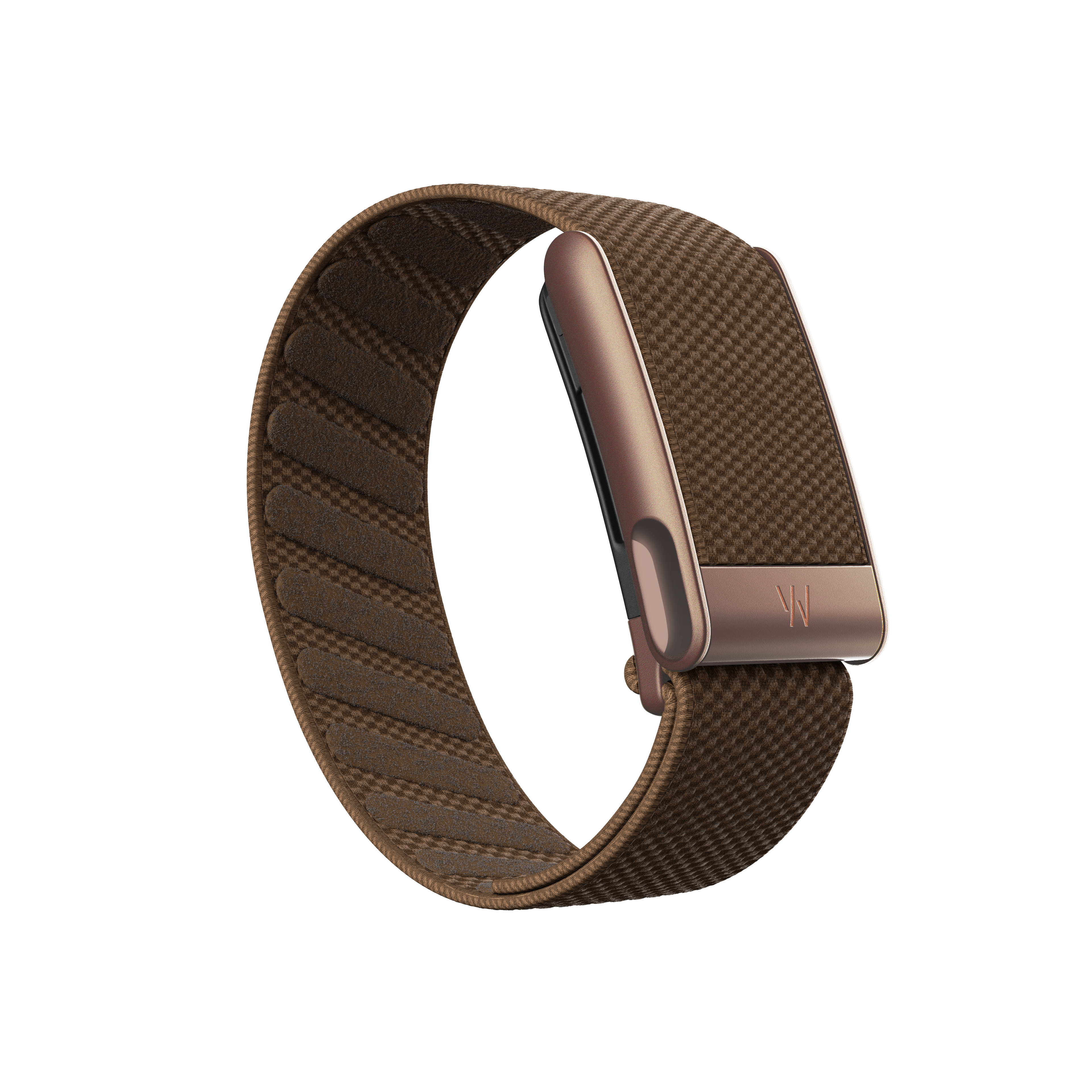 WHOOP 5.0 MG in the Coffee strap, in brown.