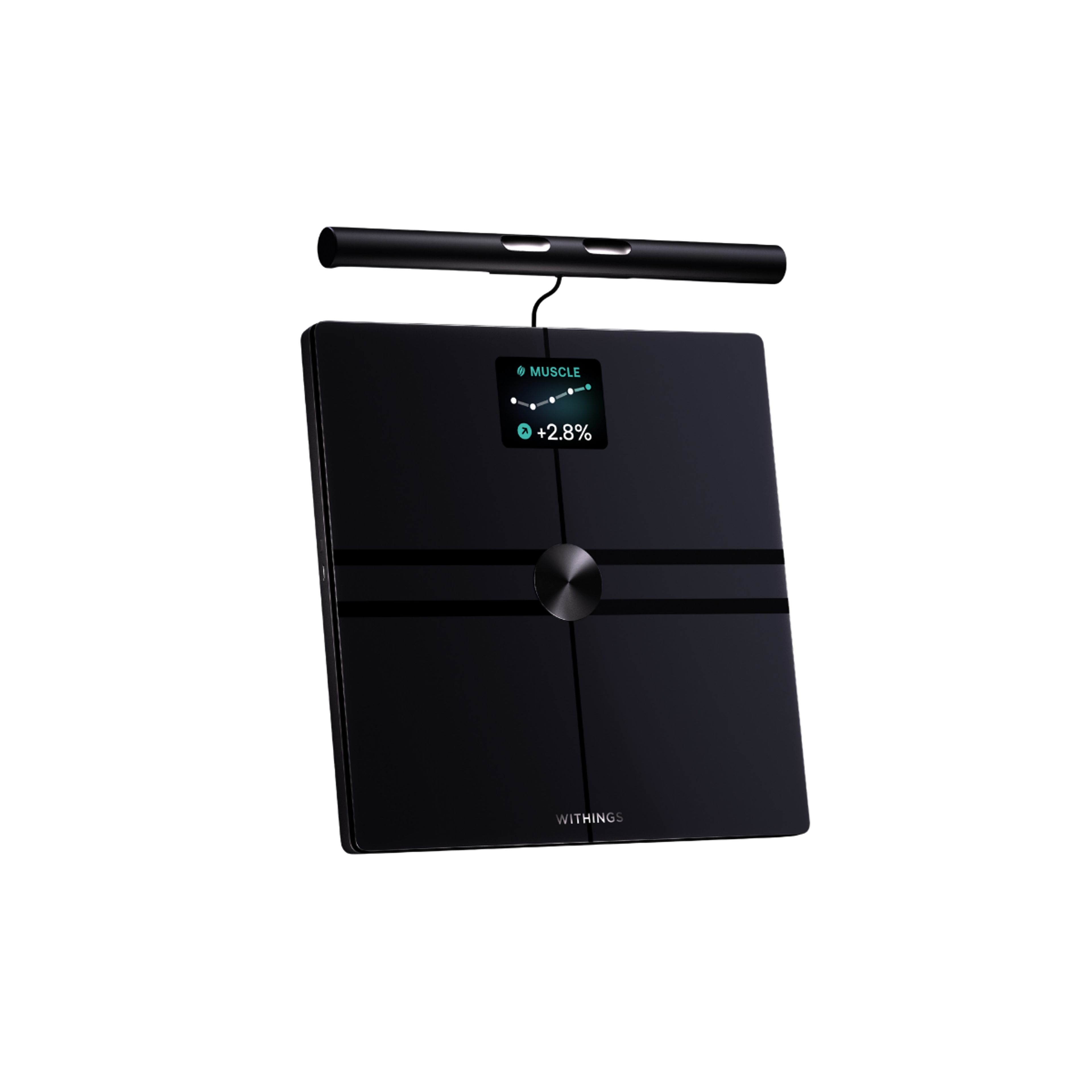 A black Withings smart scale with an attached black handle shows "MUSCLE" and "+2.8%" on its display.
