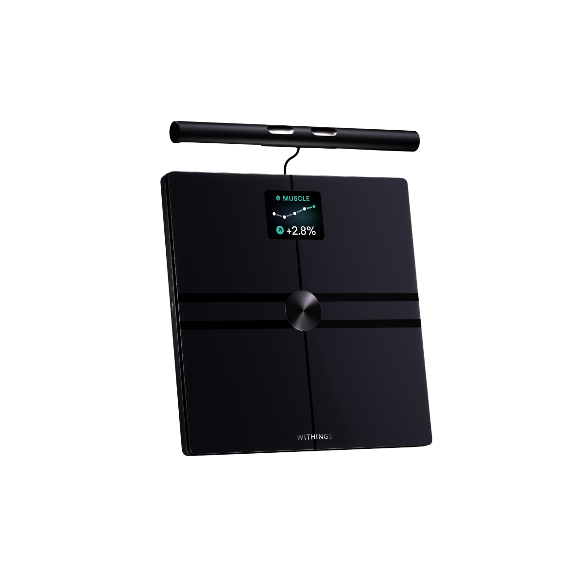 A black Withings smart scale with an attached black handle shows "MUSCLE" and "+2.8%" on its display.
