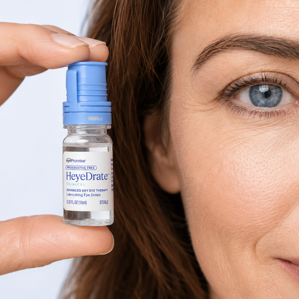 A woman holds a bottle of HeyeDrate Clinical Lubricating Eye Drops next to her blue eye.