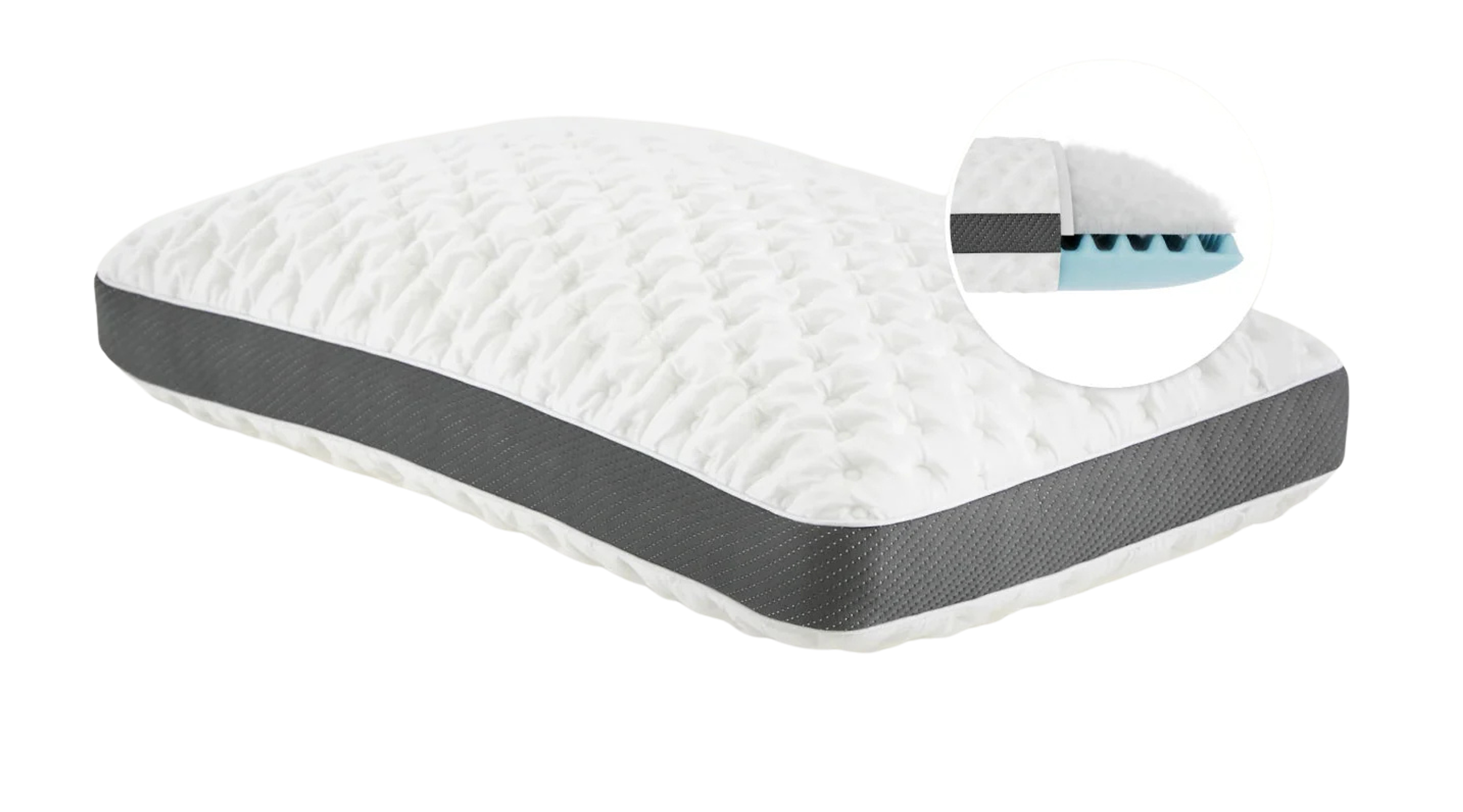 White textured pillow with a grey border, featuring a cross-section showing perforated internal layers.
