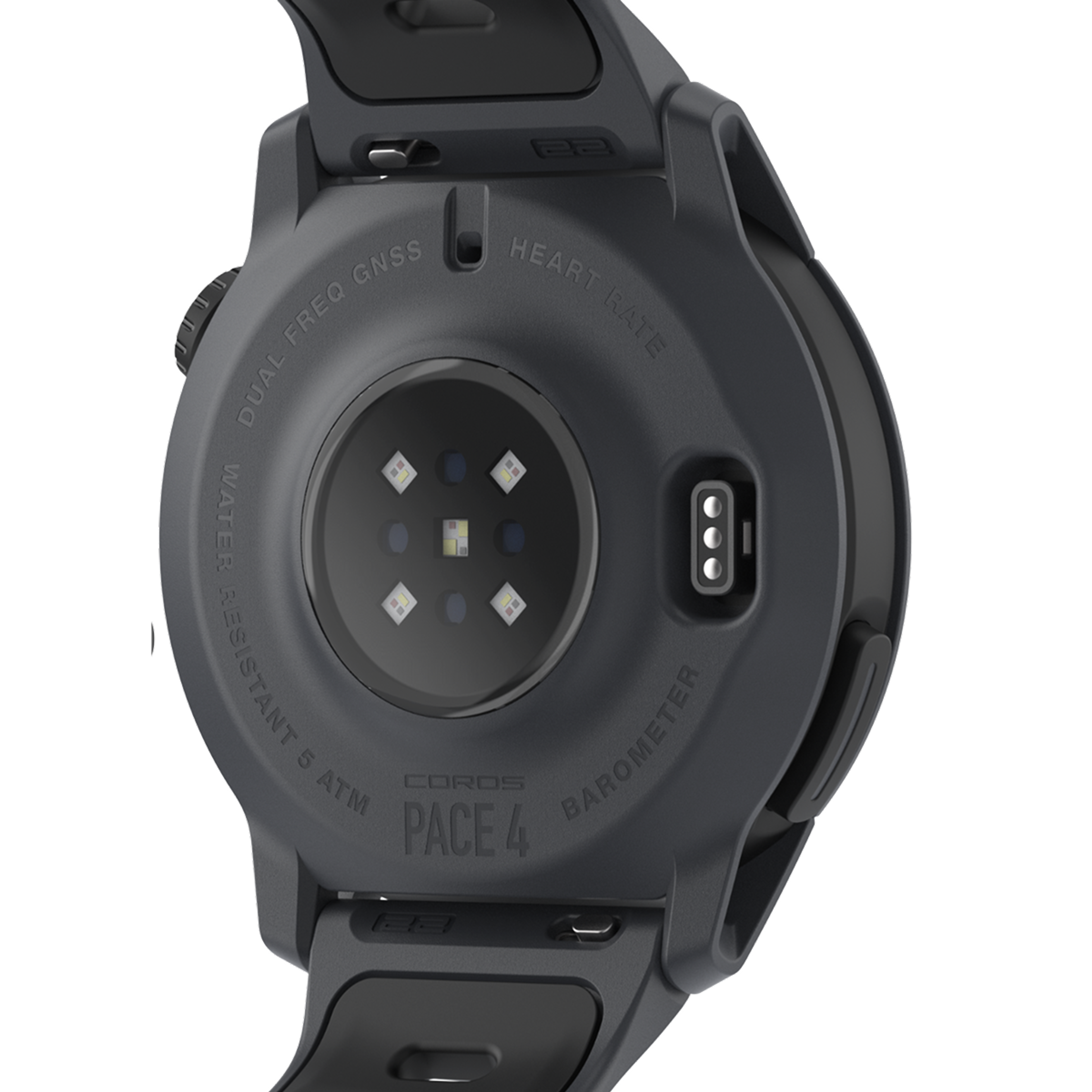 Back view of the COROS PACE 4 GPS Watch Black Watch Body with Black Silicone Band