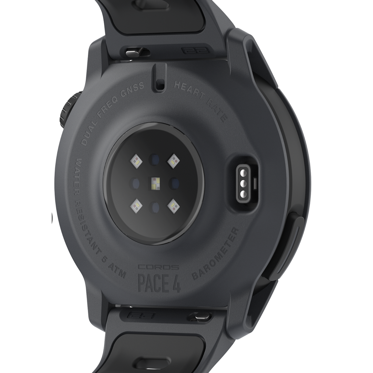 Back view of the COROS PACE 4 GPS Watch Black Watch Body with Black Silicone Band