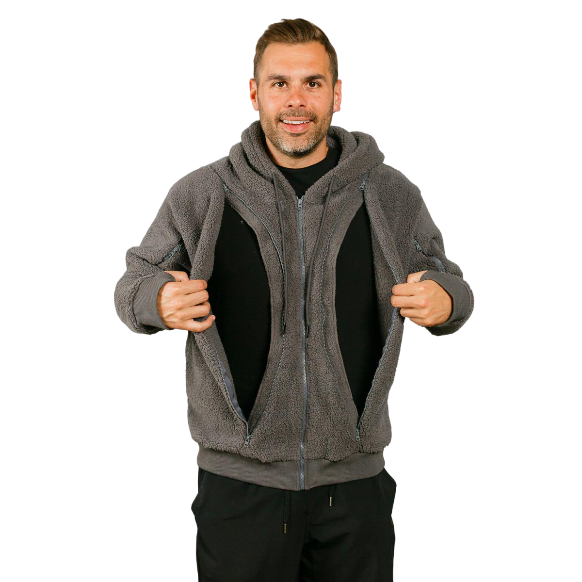 A smiling man in a grey fleece hoodie holds it open to reveal large internal pockets.
