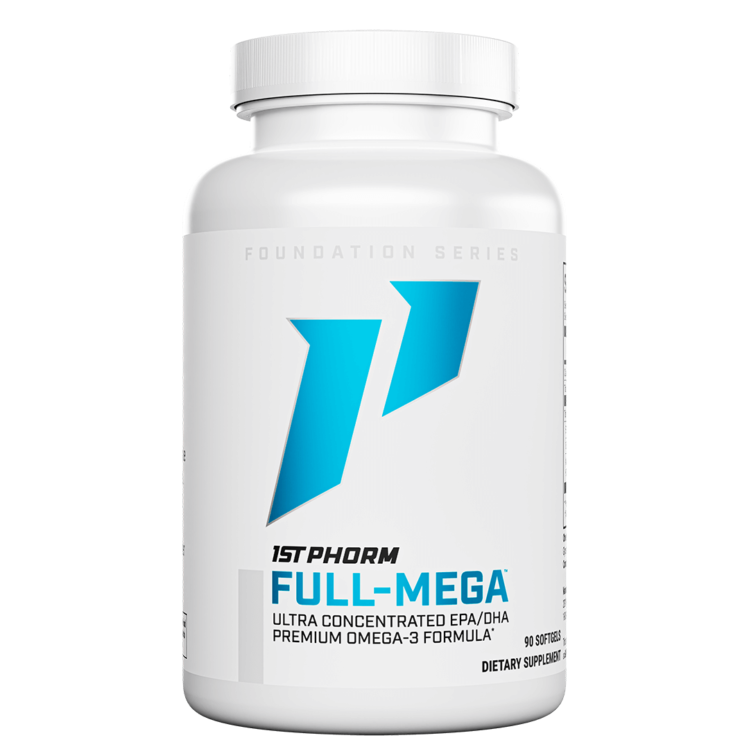 Bottle of 1st Phorm Full-Mega fish oil softgel supplement