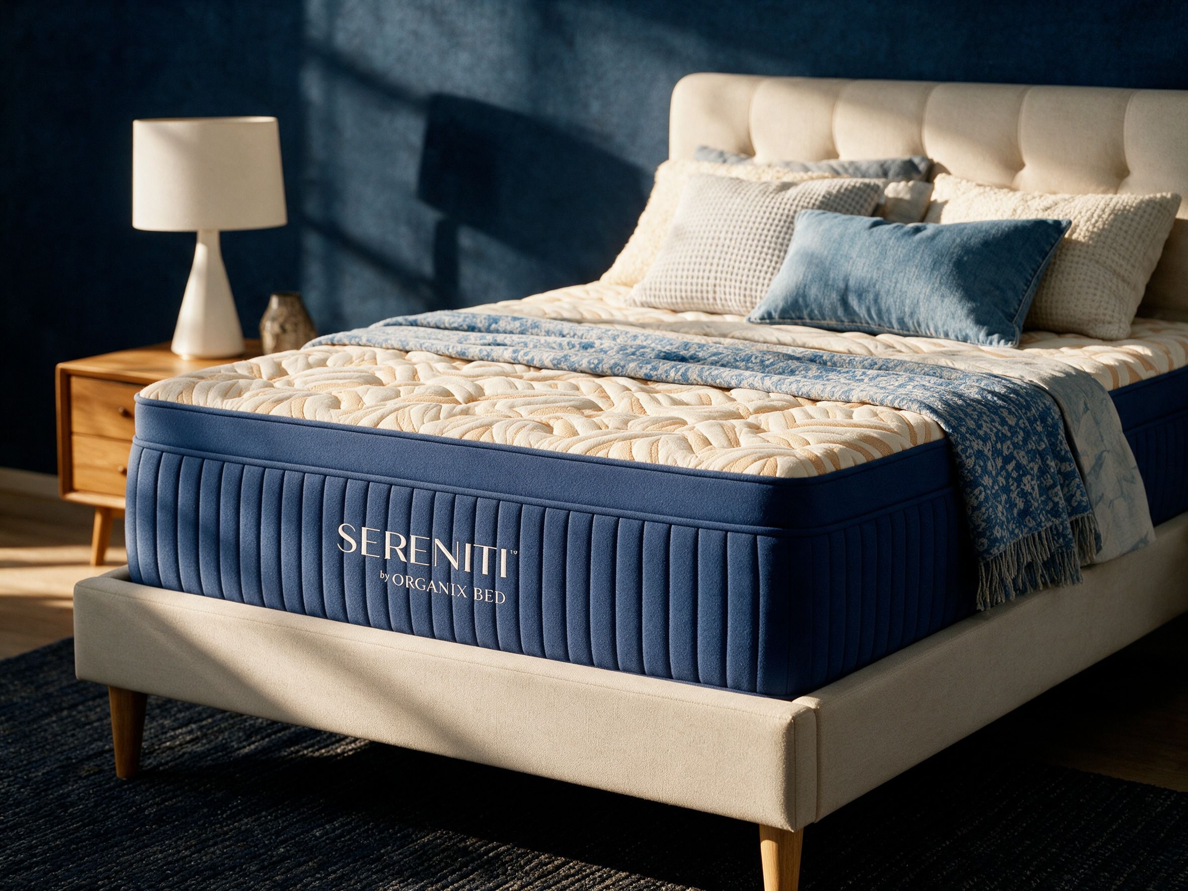 A Serentiti Organix Bed mattress with a blue side and quilted cream top, dressed with blue and cream pillows and a throw blanket, in a modern bedroom.