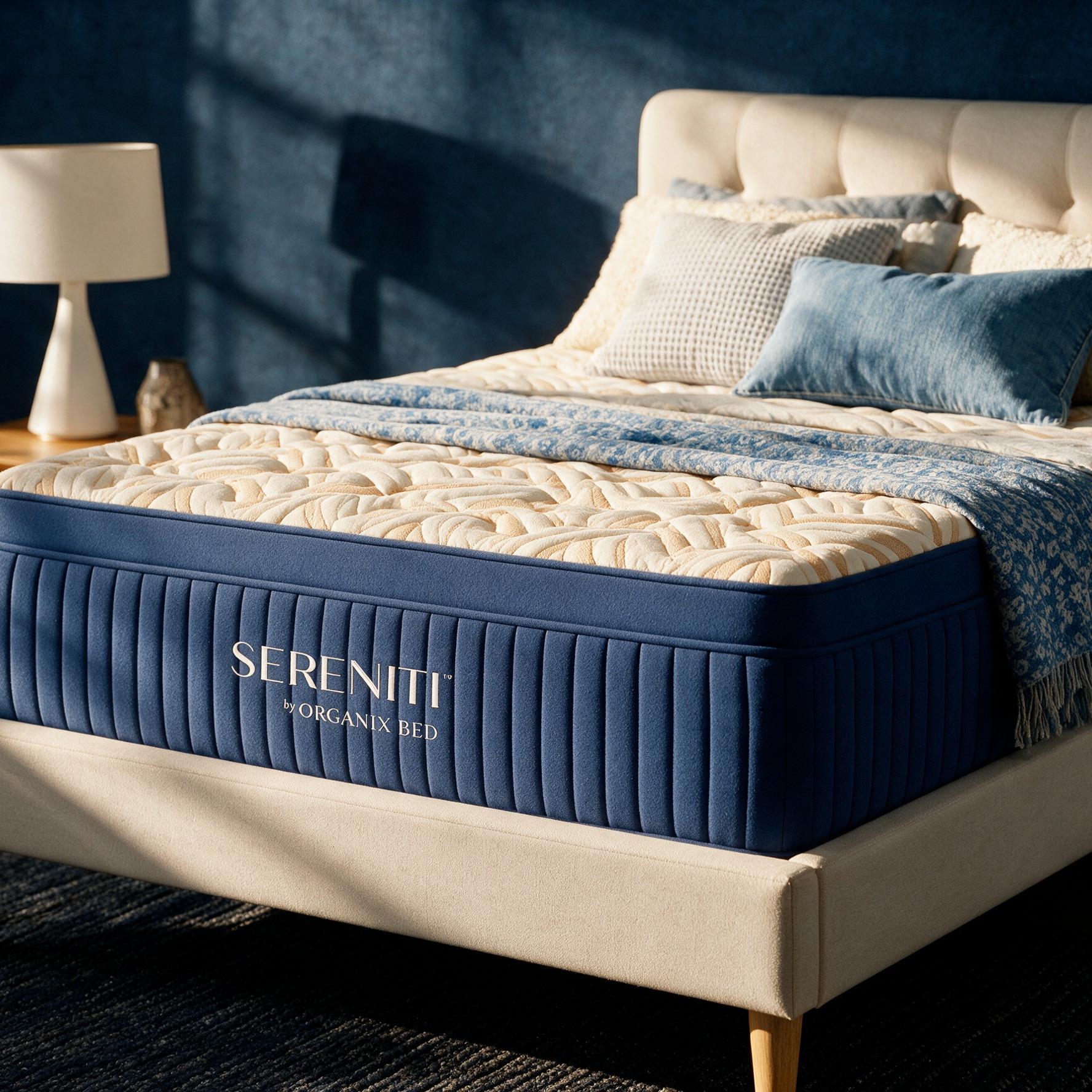 A Serentiti Organix Bed mattress with a blue side and quilted cream top, dressed with blue and cream pillows and a throw blanket, in a modern bedroom.