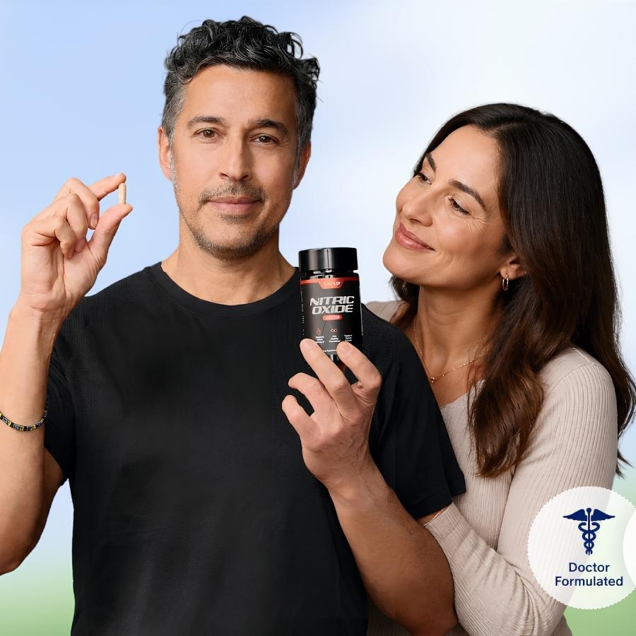 A smiling man holds a pouch of SNAP Prostate Health Soft Chews and another of SNAP Nitric Oxide Beet Soft Chews.
