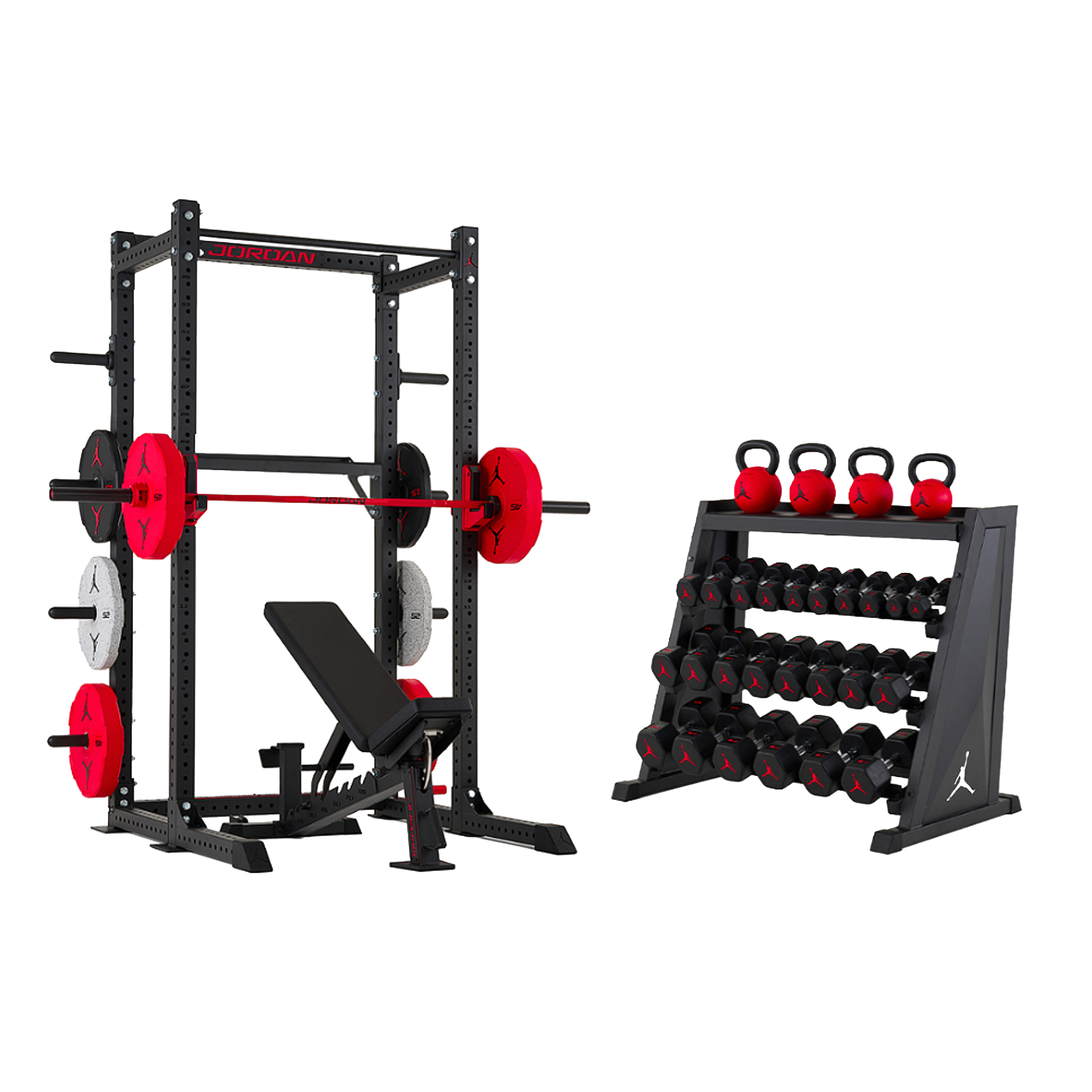 Half rack with dumbbells and kettlebells on storage rack