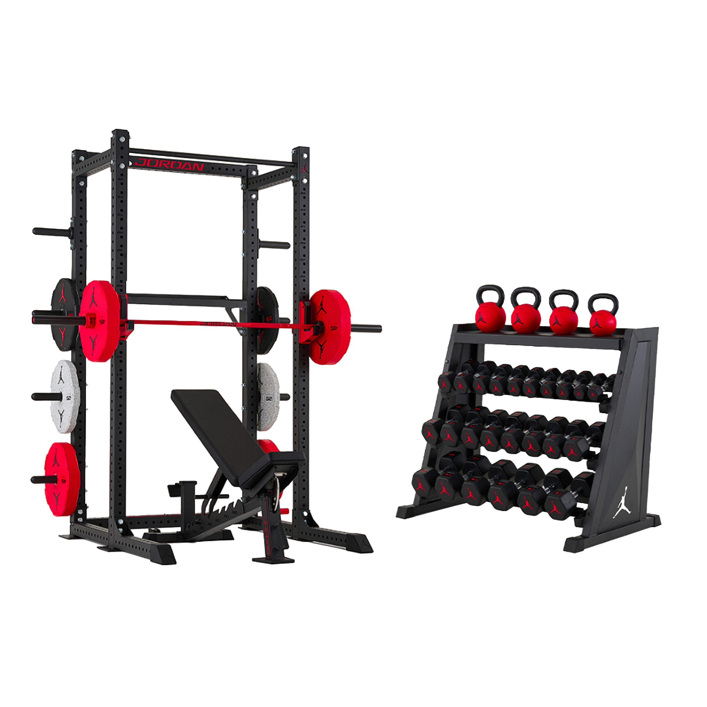 Half rack with dumbbells and kettlebells on storage rack