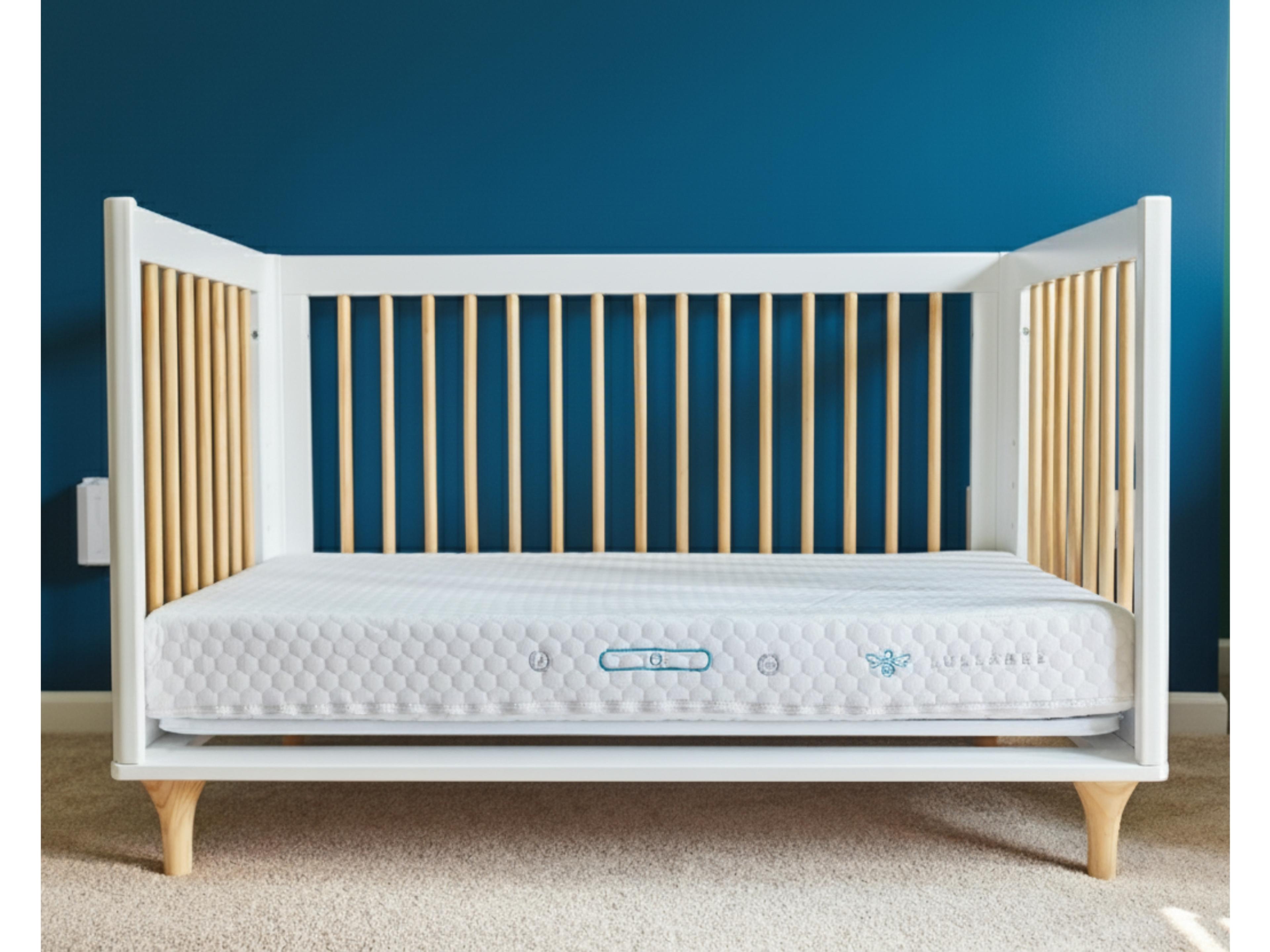 A white crib with natural wood slats and a white mattress with a hexagonal pattern against a blue wall.