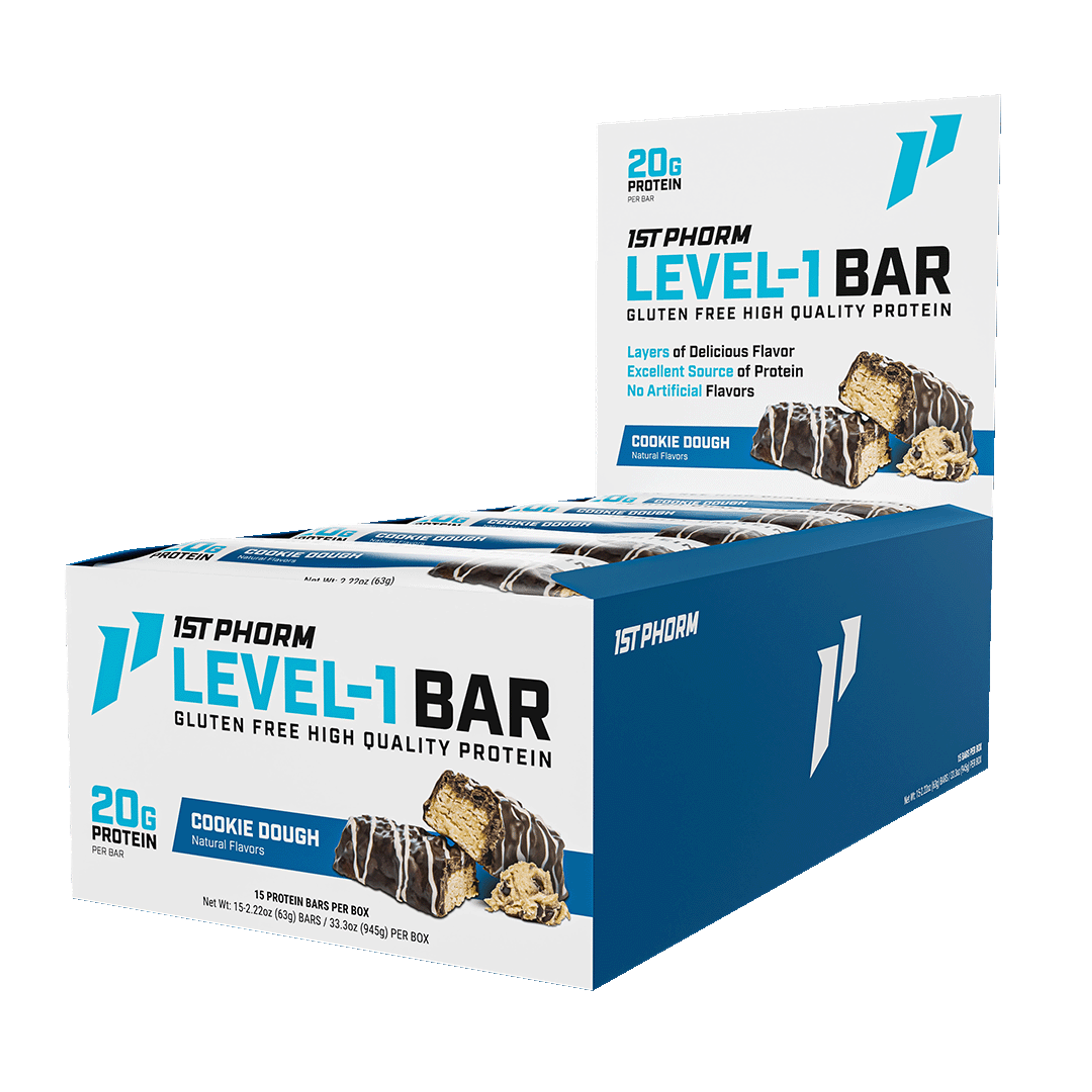 Level-1 protein bar, cookie dough flavor, box front