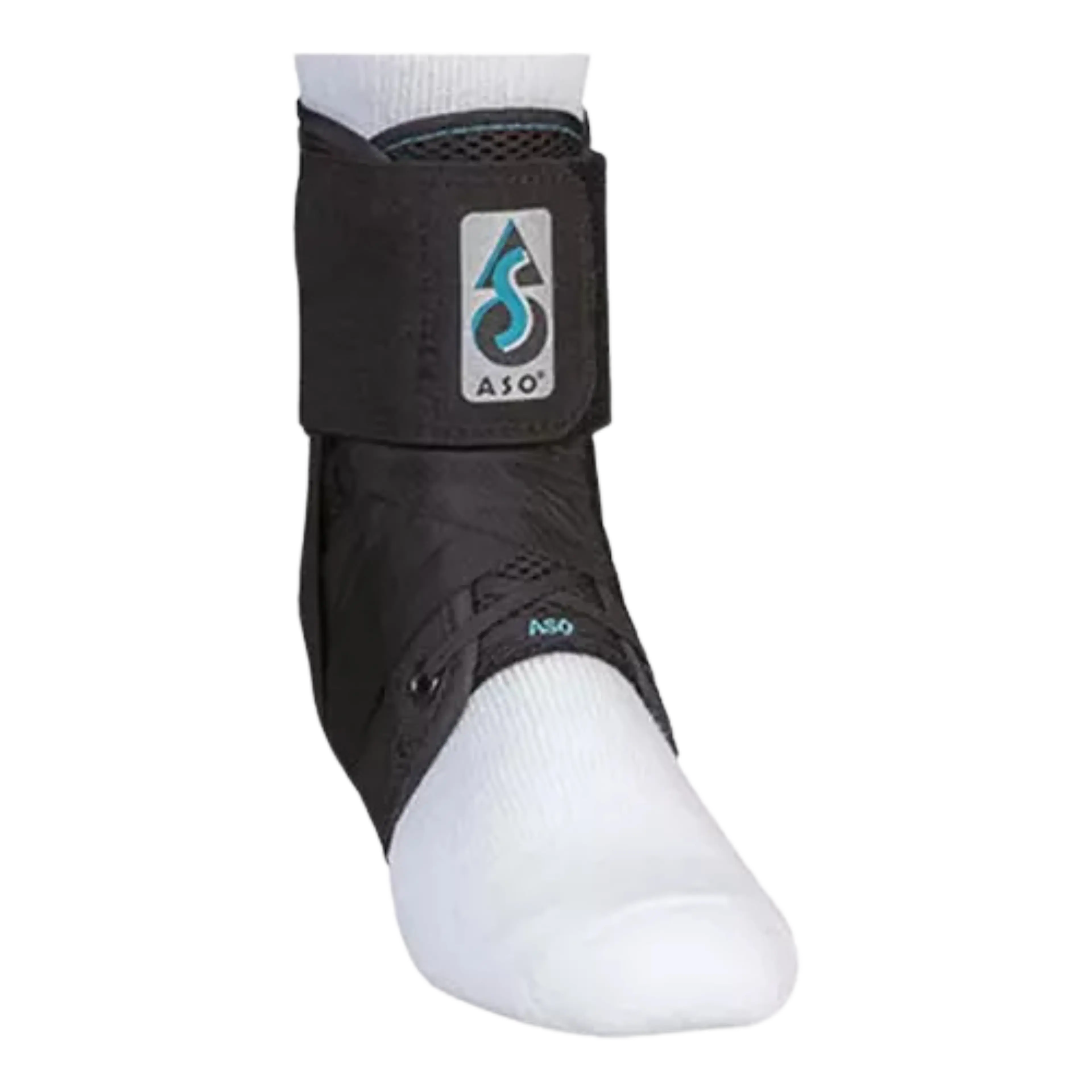 Black ASO ankle brace worn over a white sock.