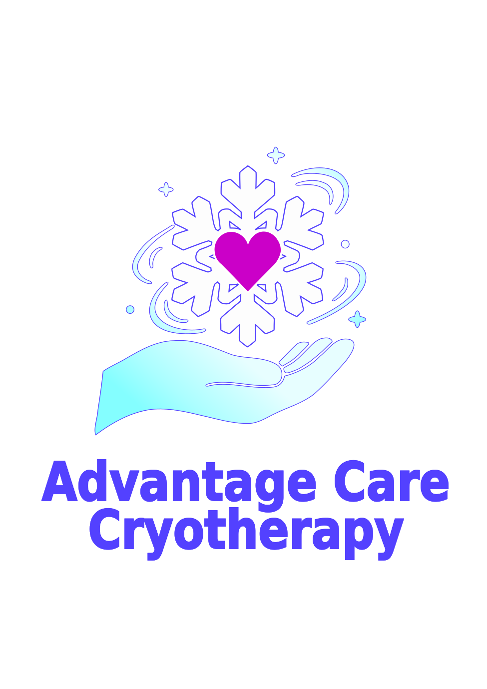 Logo for Advantage Care Cryotherapy: a light blue hand holds a white snowflake with a pink heart, surrounded by blue swirls and stars.