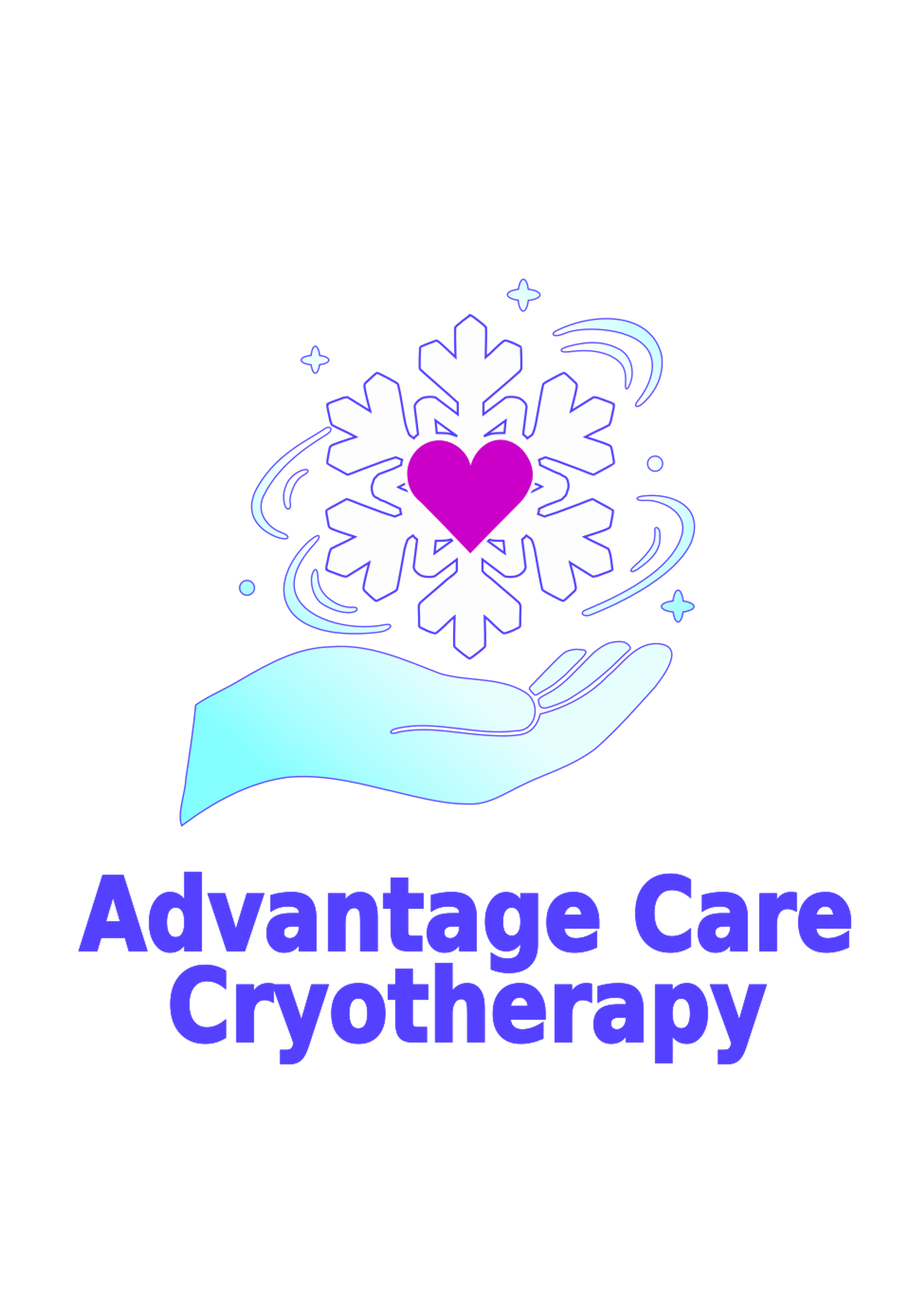 Logo for Advantage Care Cryotherapy: a light blue hand holds a white snowflake with a pink heart, surrounded by blue swirls and stars.