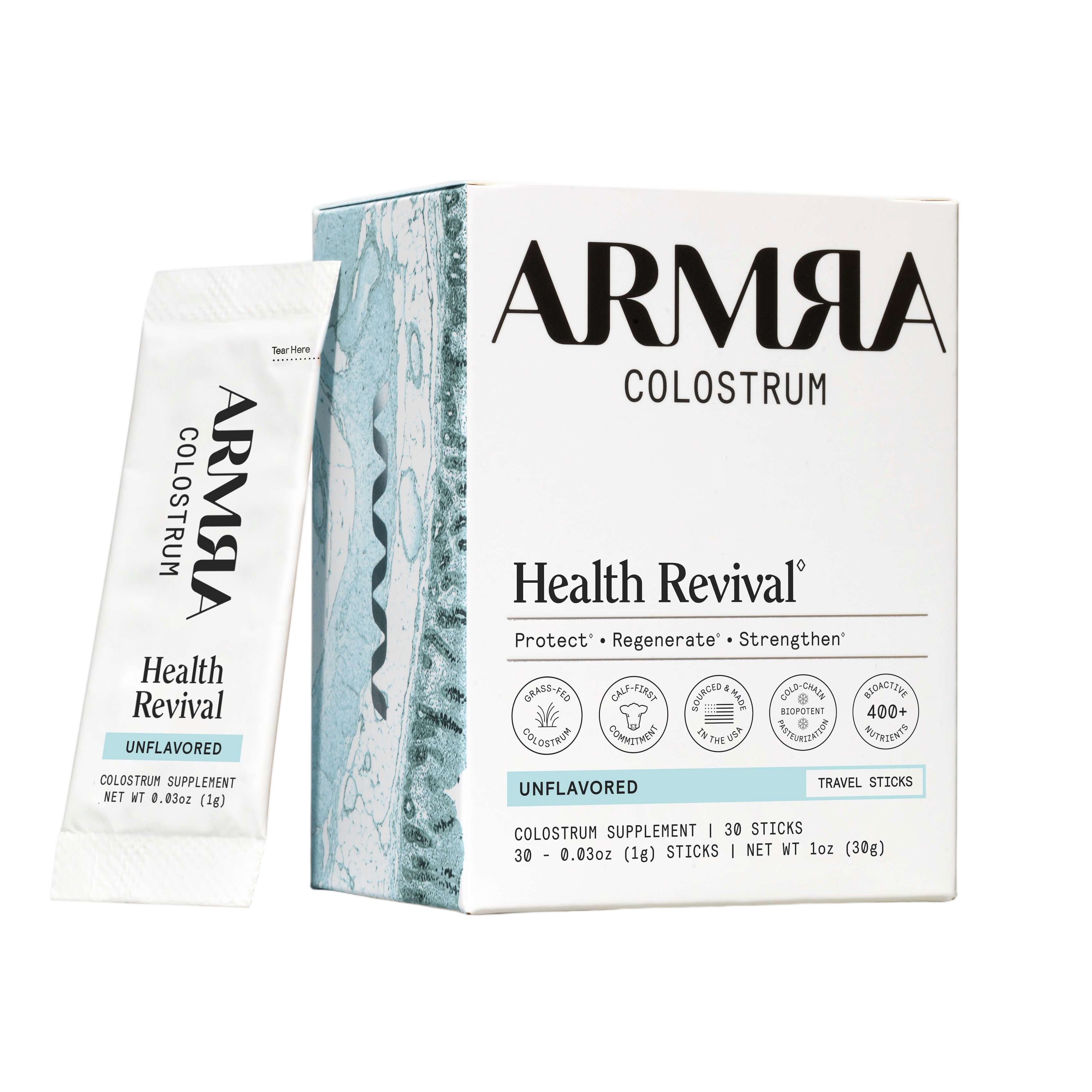 Box of ARMRA Colostrum Unflavored Travel Sticks