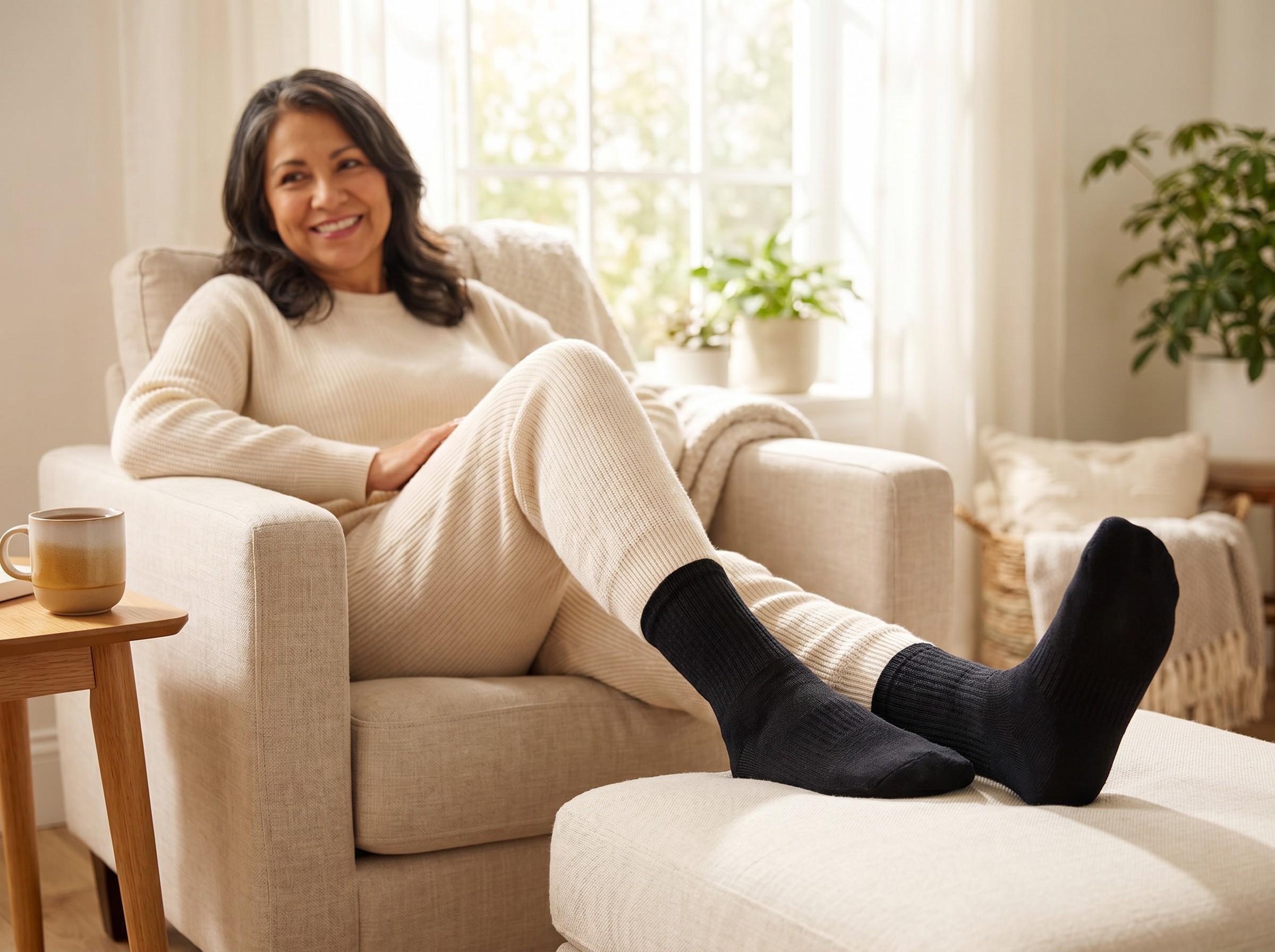 A smiling woman in cream loungewear and black socks relaxes in an armchair with her feet on an ottoman in a bright living room.