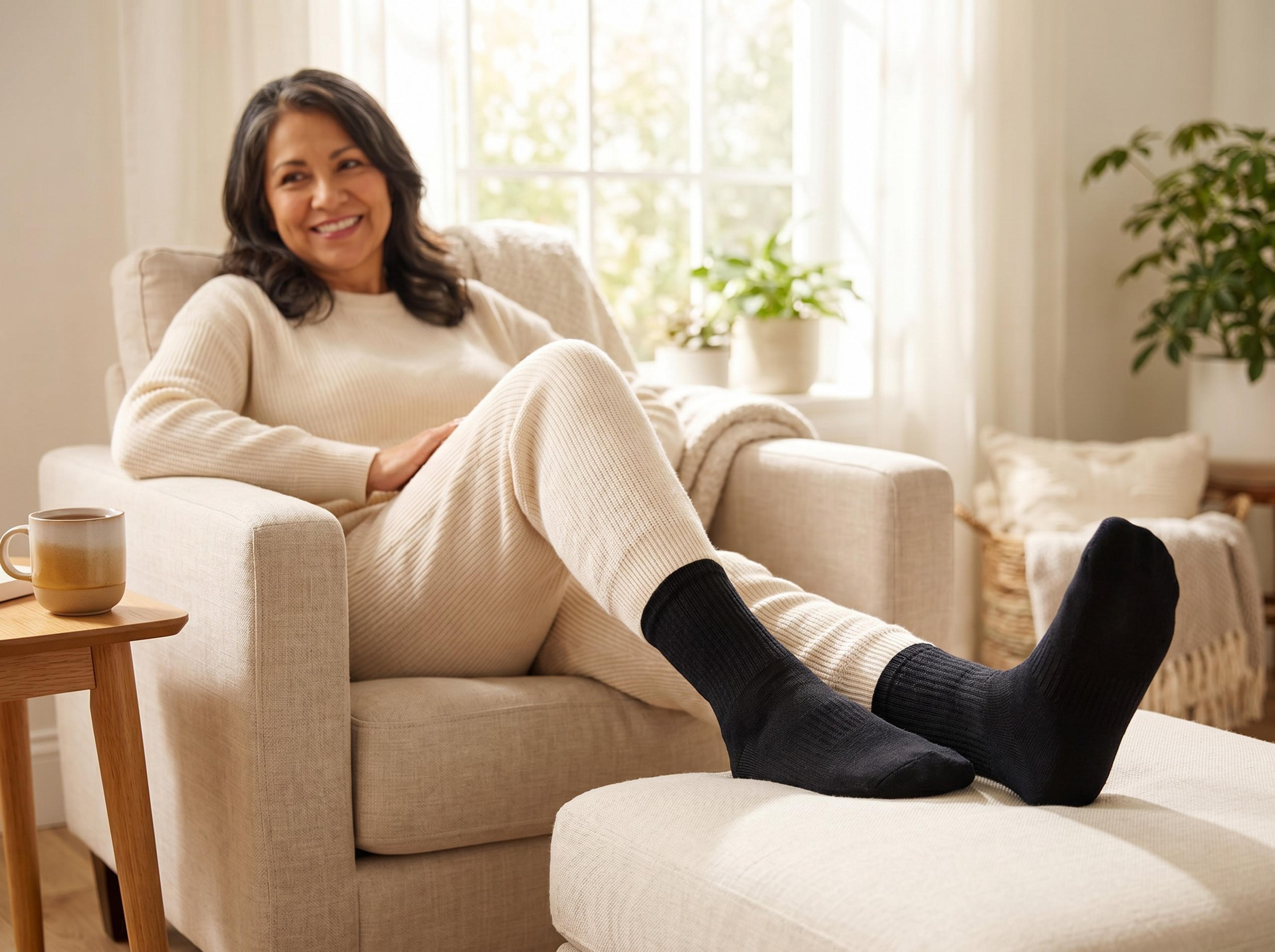 A smiling woman in cream loungewear and black socks relaxes in an armchair with her feet on an ottoman in a bright living room.