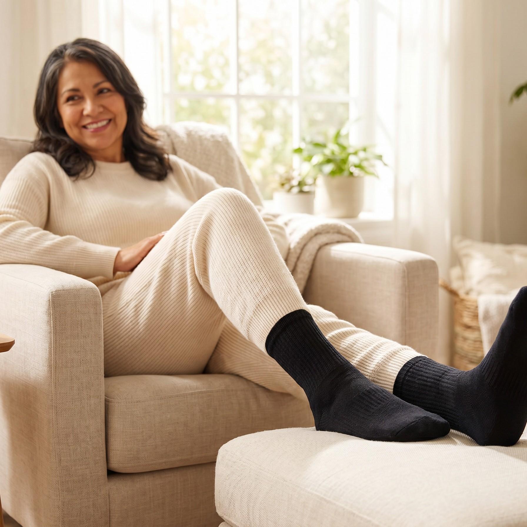 A smiling woman in cream loungewear and black socks relaxes in an armchair with her feet on an ottoman in a bright living room.