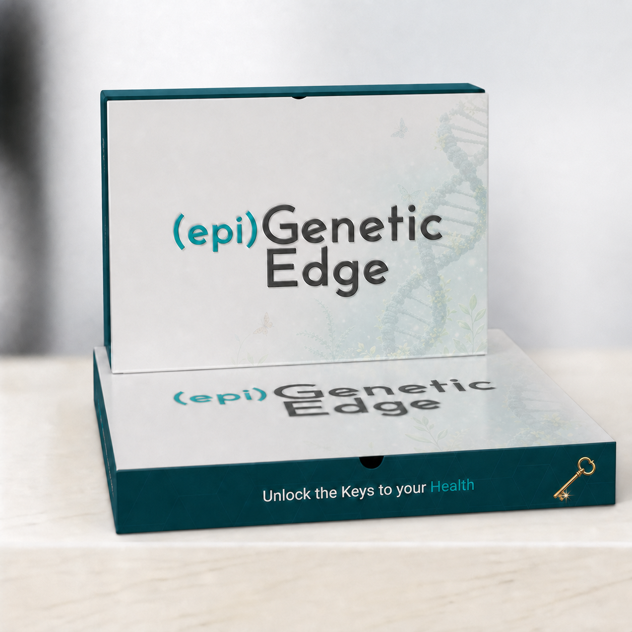 Two teal and white (epi)Genetic Edge boxes with a DNA helix design. The flat box displays "Unlock the Keys to your Health" next to a golden key.