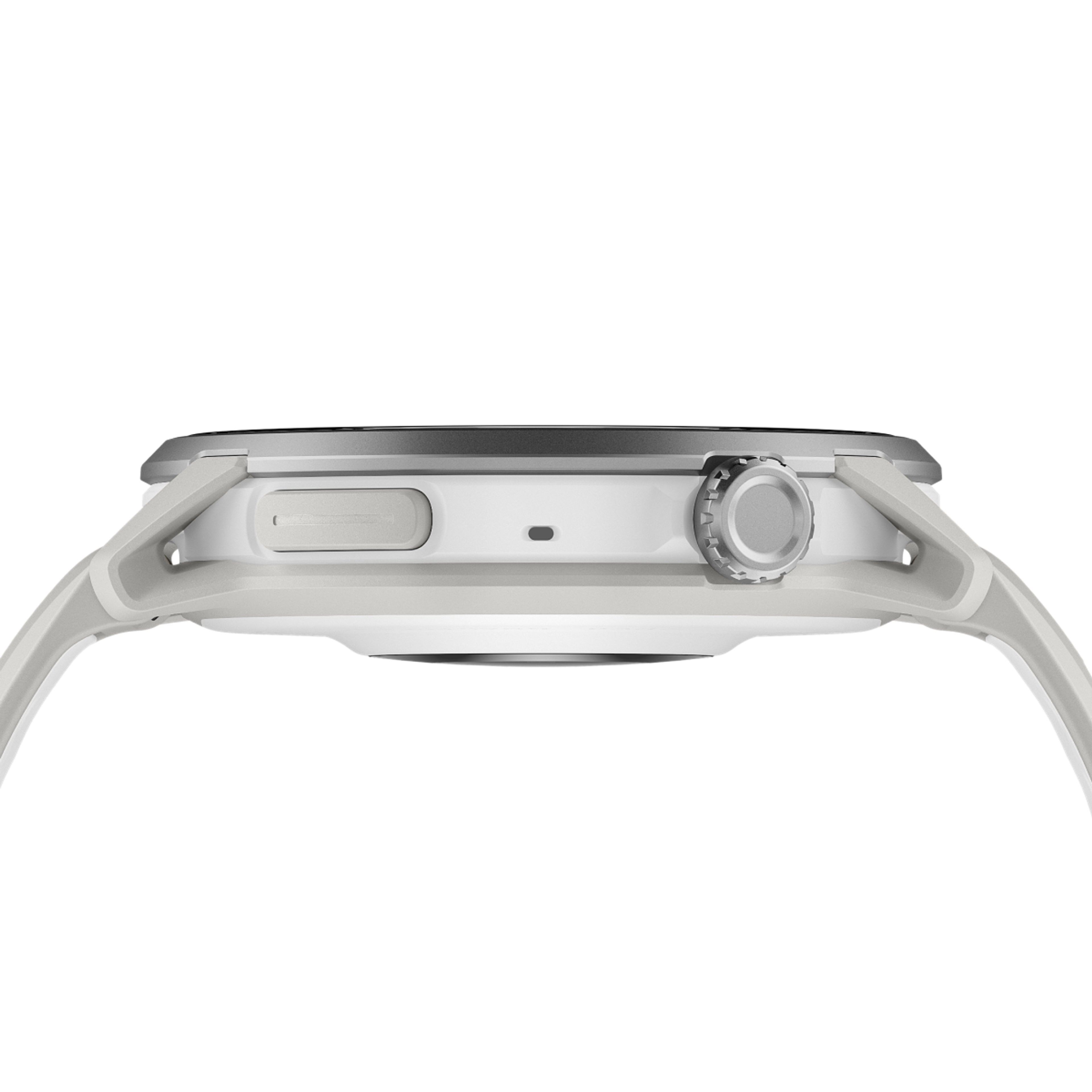 Side view of the COROS PACE 4 Pro White Watch Body with White Silicone Band