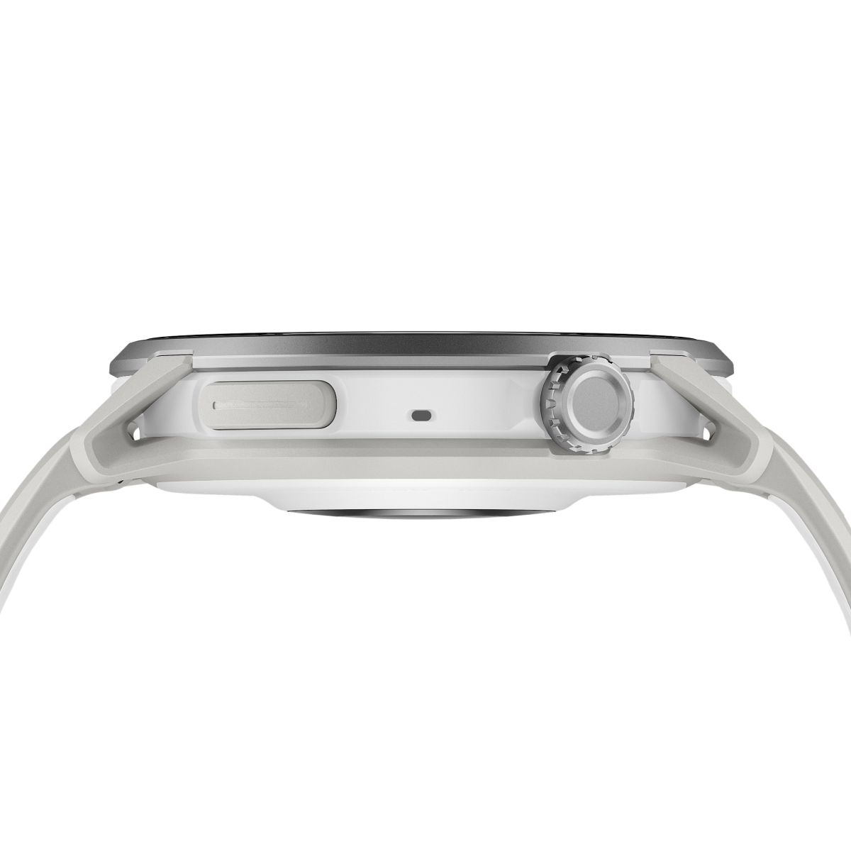 Side view of the COROS PACE 4 Pro White Watch Body with White Silicone Band