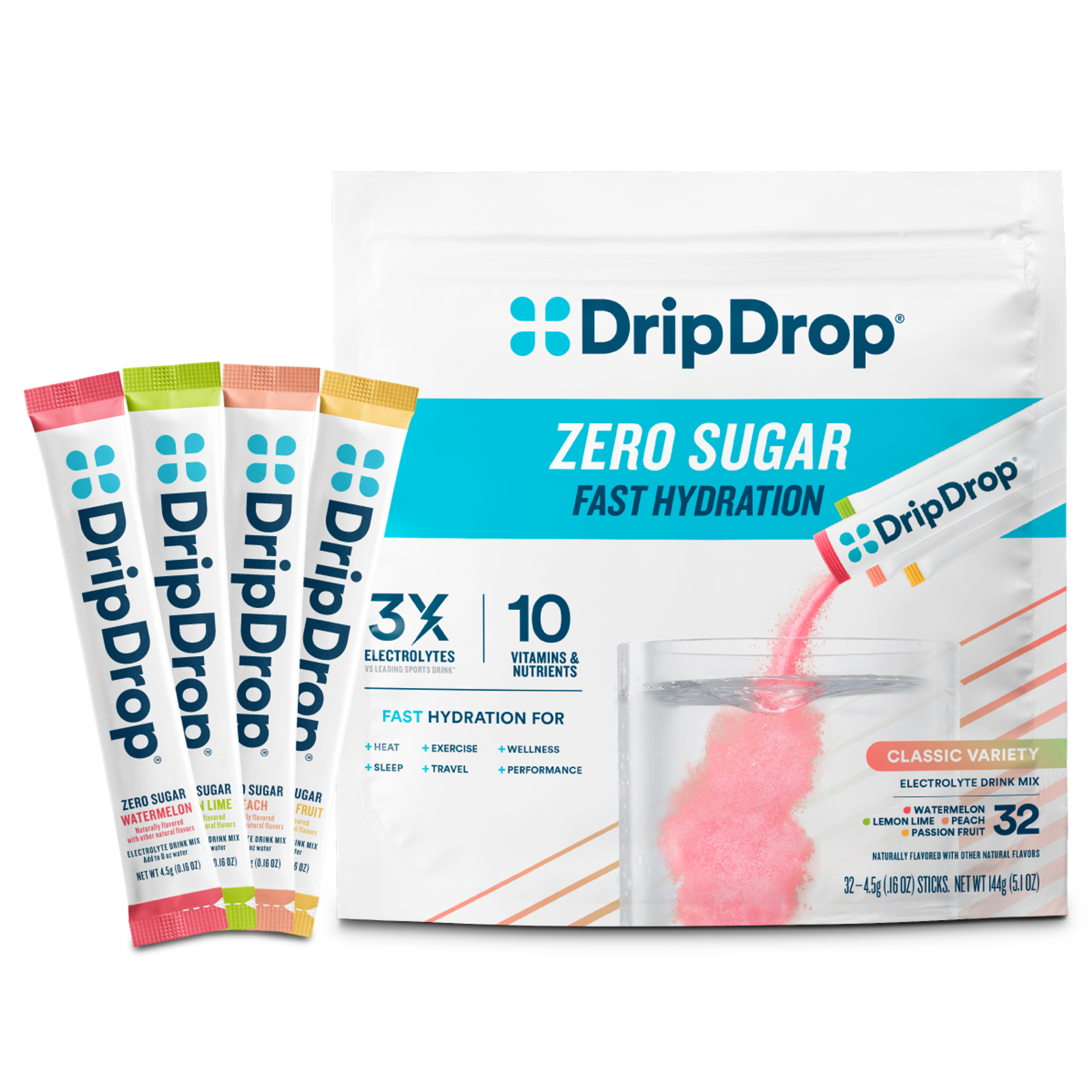 DripDrop Zero Sugar Classic Variety Pack Electrolyte Powder, 8 oz sticks, 32 count