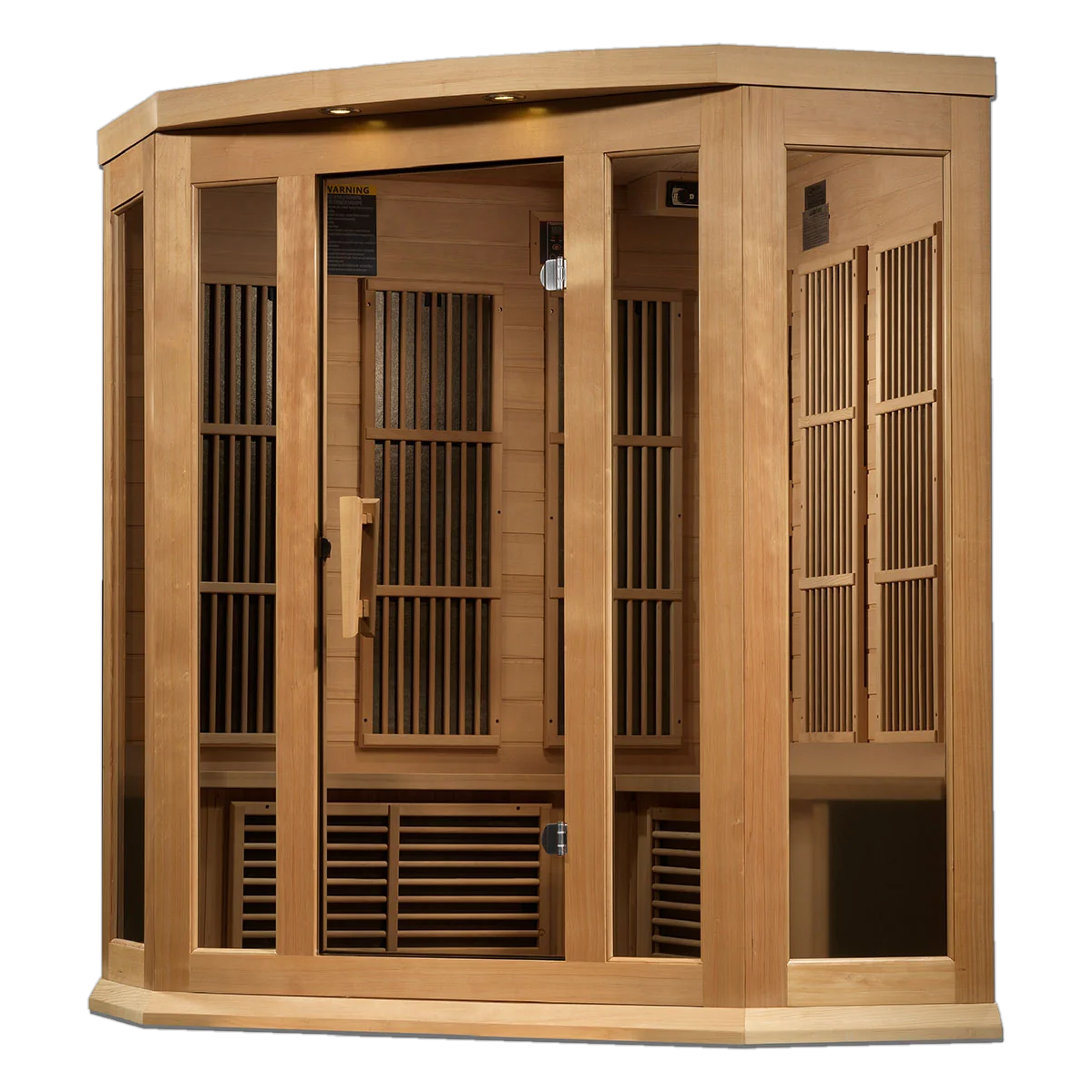 A light wood infrared sauna cabin with a glass door.
