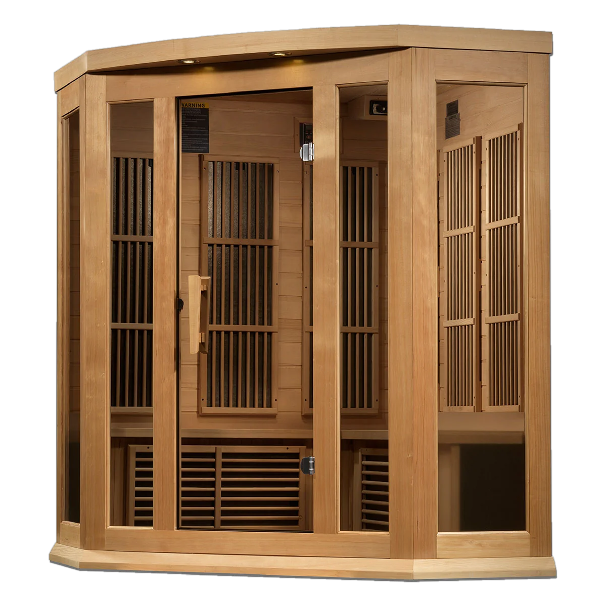 A light wood infrared sauna cabin with a glass door.