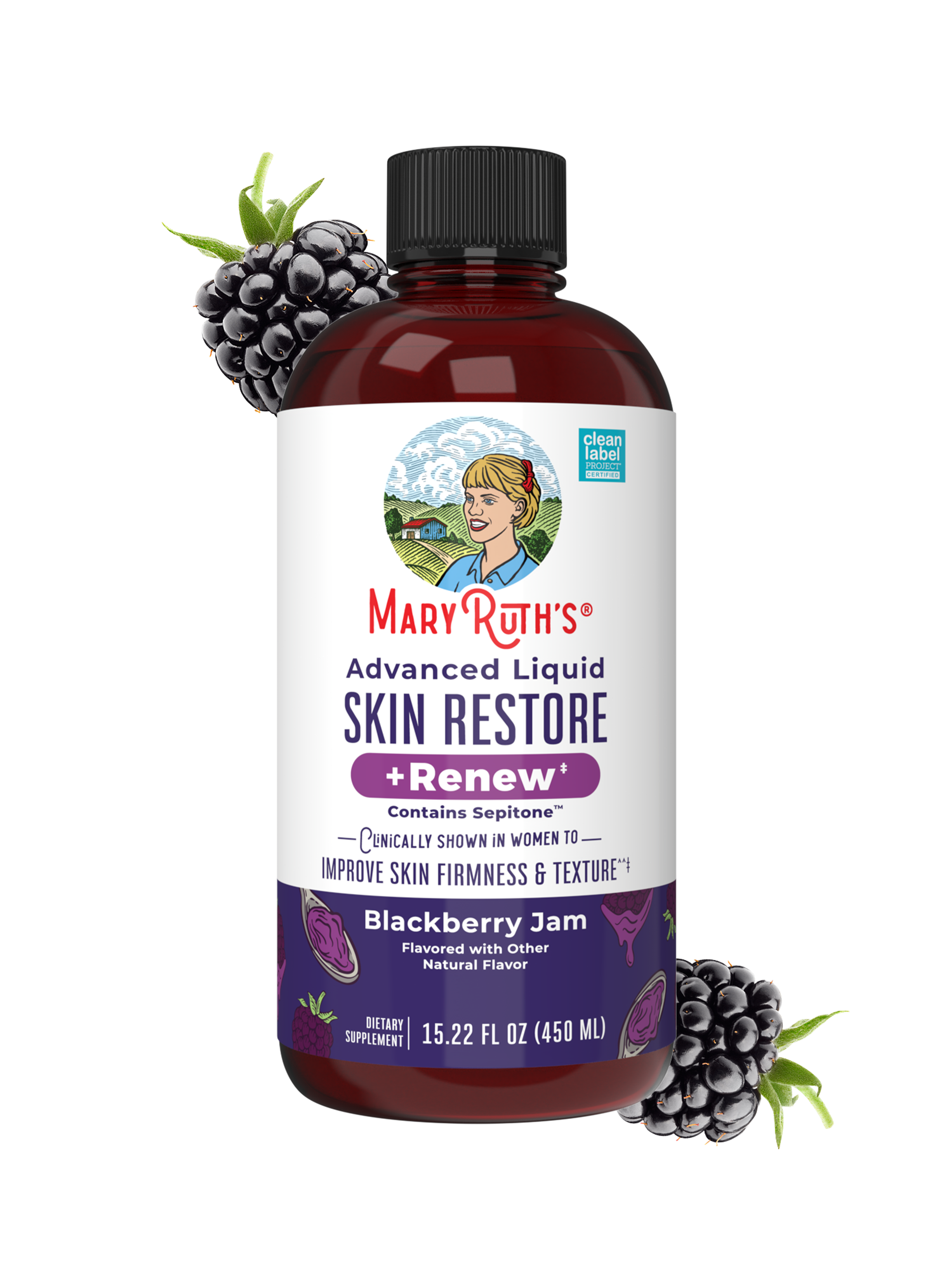 Bottle of Advanced Liquid Skin Restore and Renew blackberry jam flavor