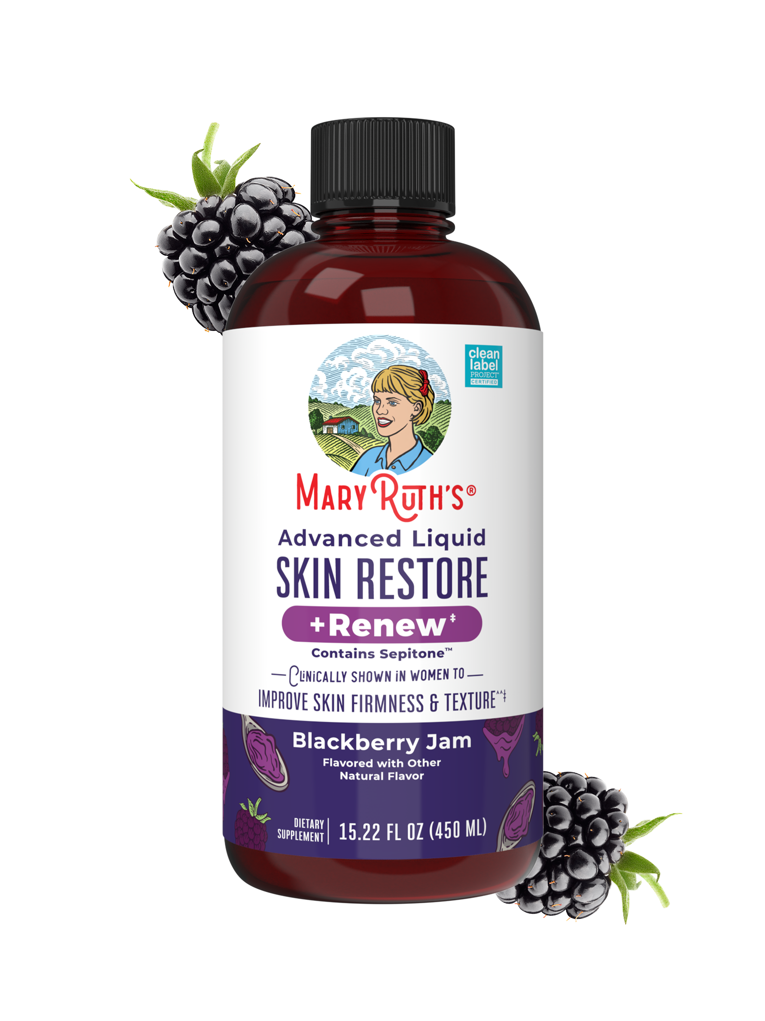 Bottle of Advanced Liquid Skin Restore and Renew blackberry jam flavor