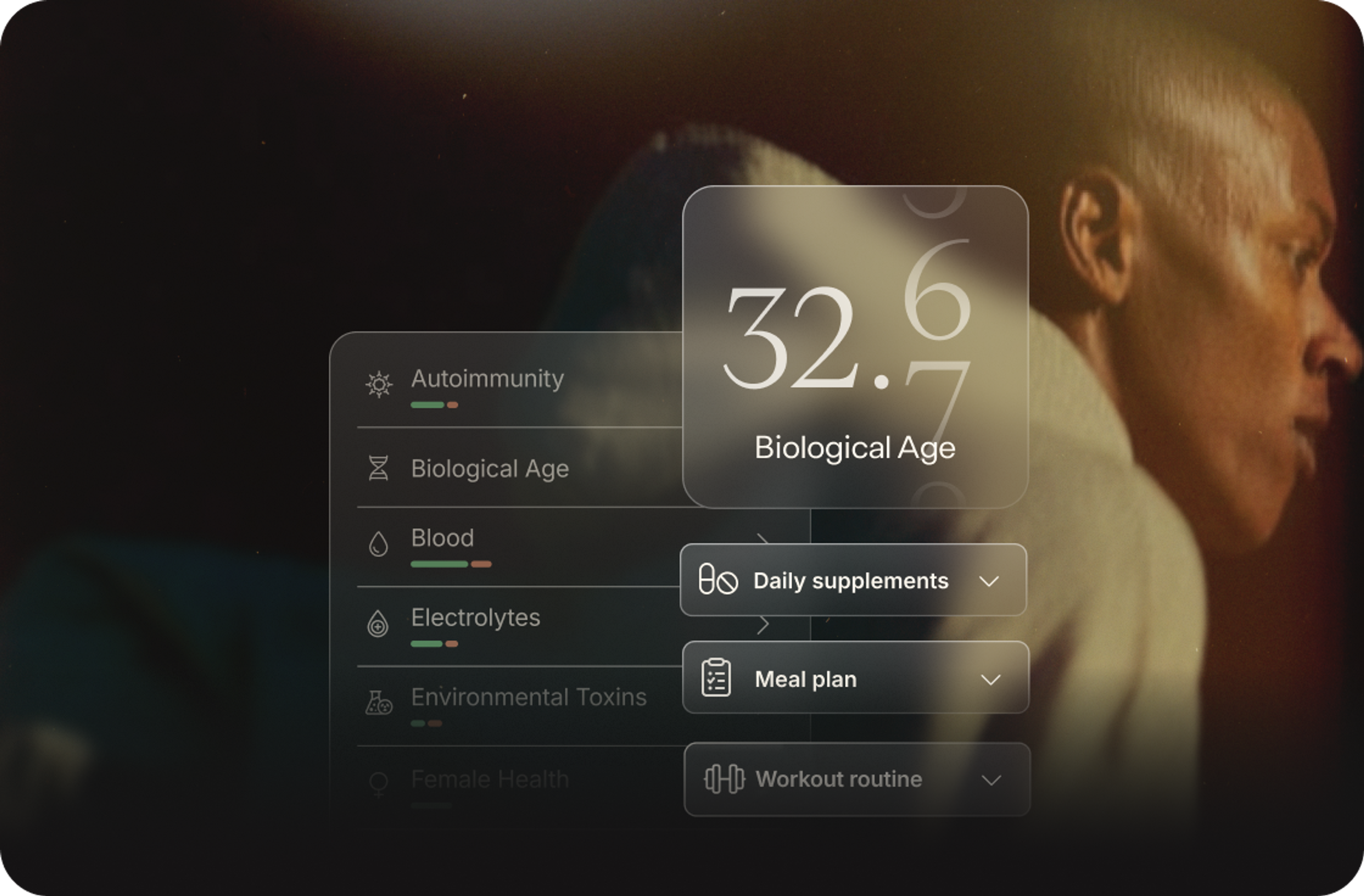 Function protocols screen showing a biological age of 32.6 alongside daily supplement, meal plan, and workout recommendations
