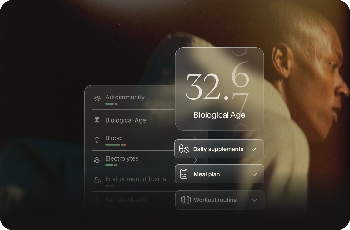 Function protocols screen showing a biological age of 32.6 alongside daily supplement, meal plan, and workout recommendations