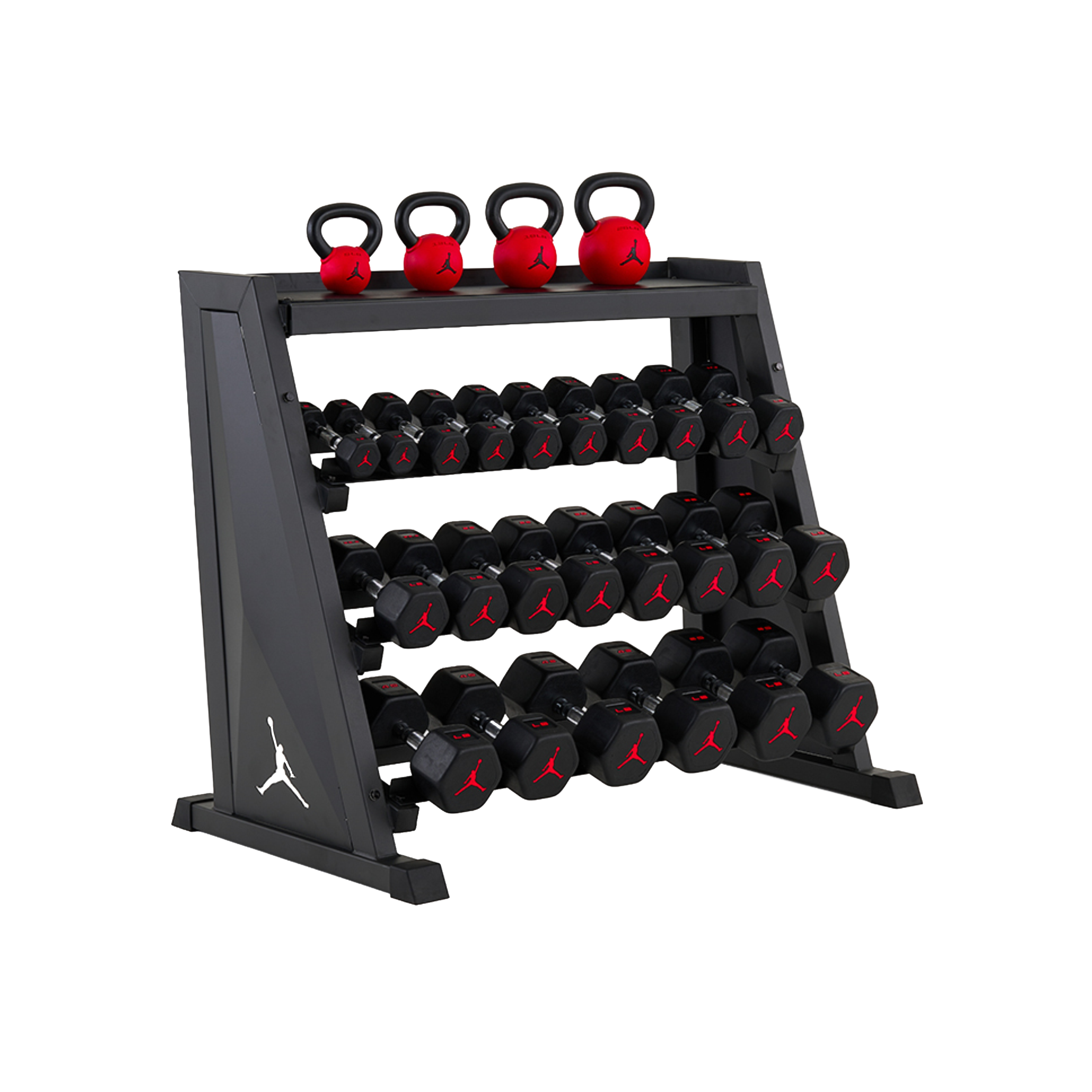 Dumbbell and kettlebell rack loaded with 5-50 lb dumbbells and 9-26 lb kettlebells