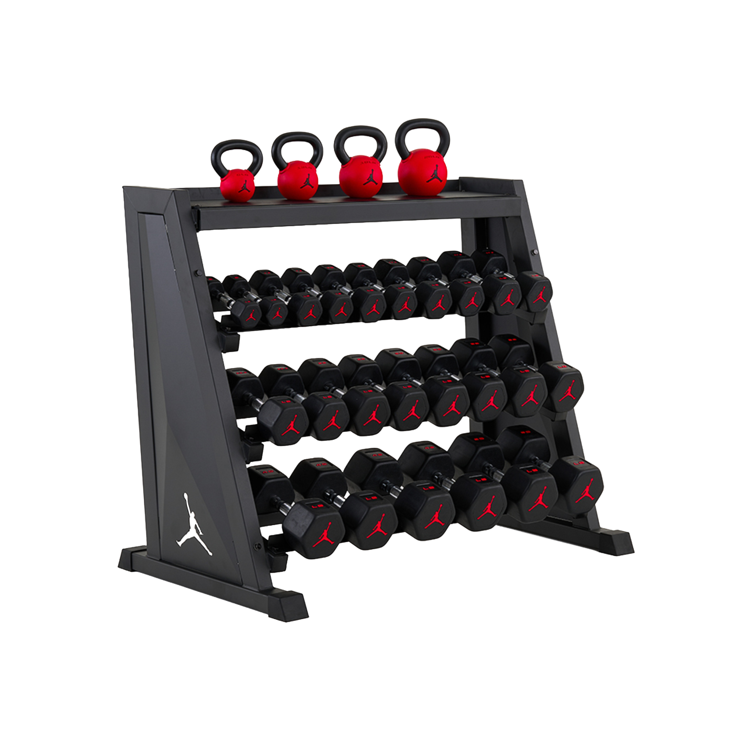 Dumbbell and kettlebell rack loaded with 5-50 lb dumbbells and 9-26 lb kettlebells