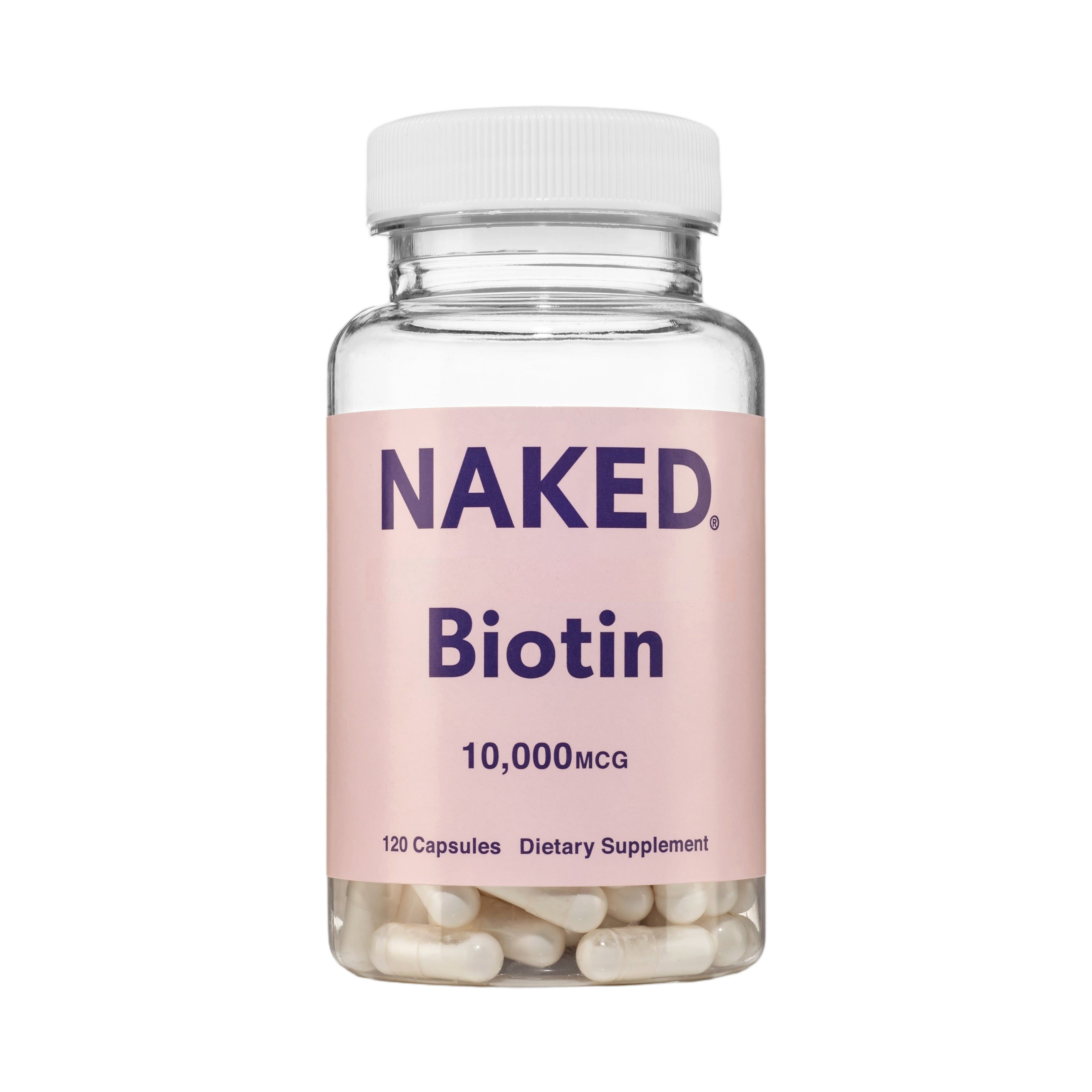 Bottle of Naked Biotin supplement capsules