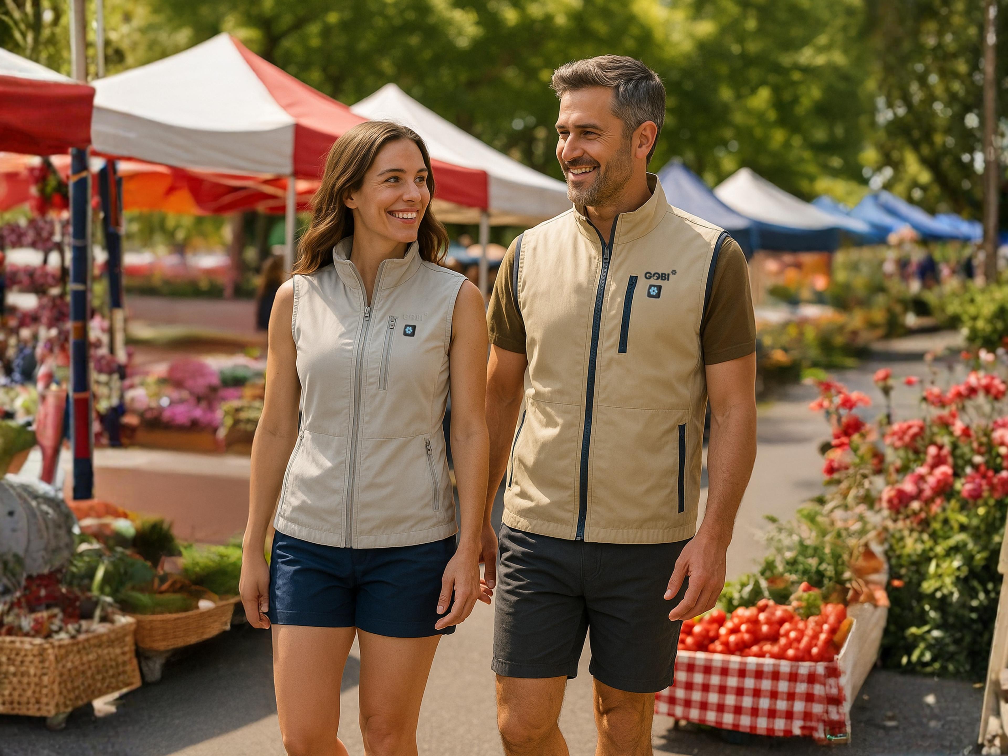 A smiling man and woman wearing vests walk through a bustling outdoor market.