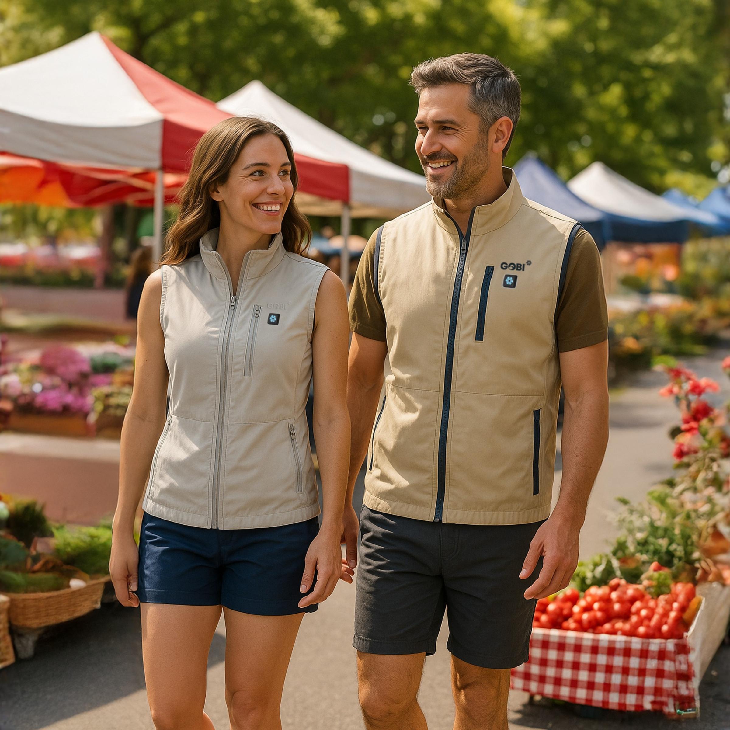 A smiling man and woman wearing vests walk through a bustling outdoor market.