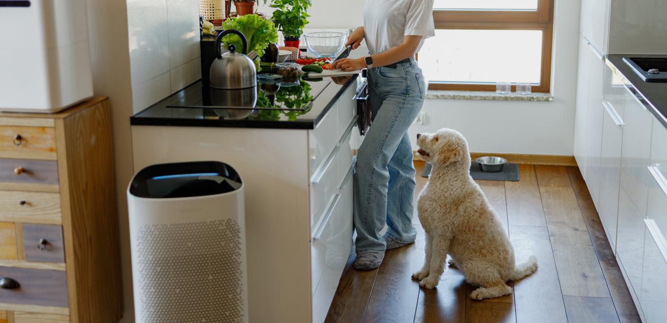 Woman cooking in kitchen with an air purifier and dog