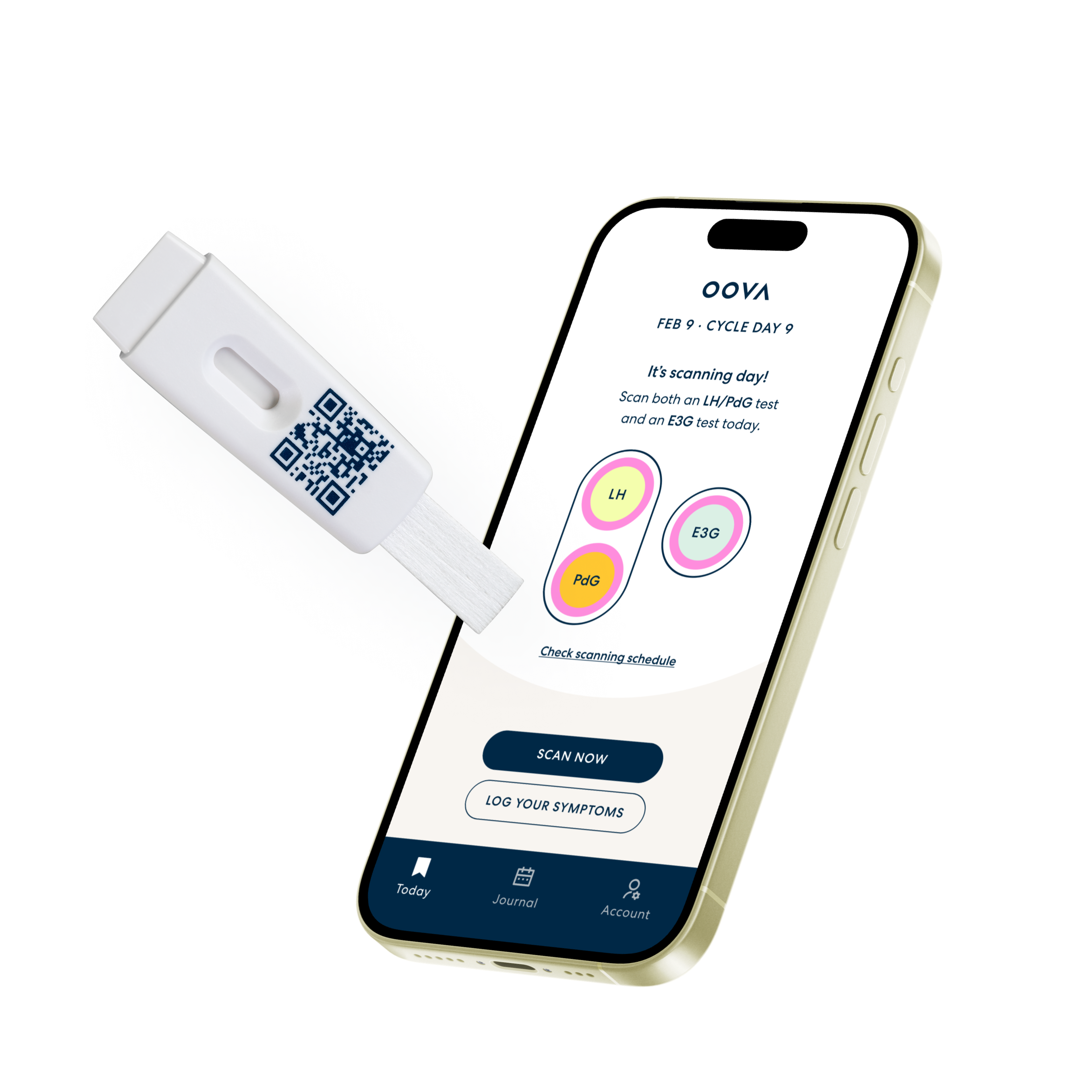 A fertility test stick with a QR code next to a smartphone displaying the OOVA app's scanning interface.