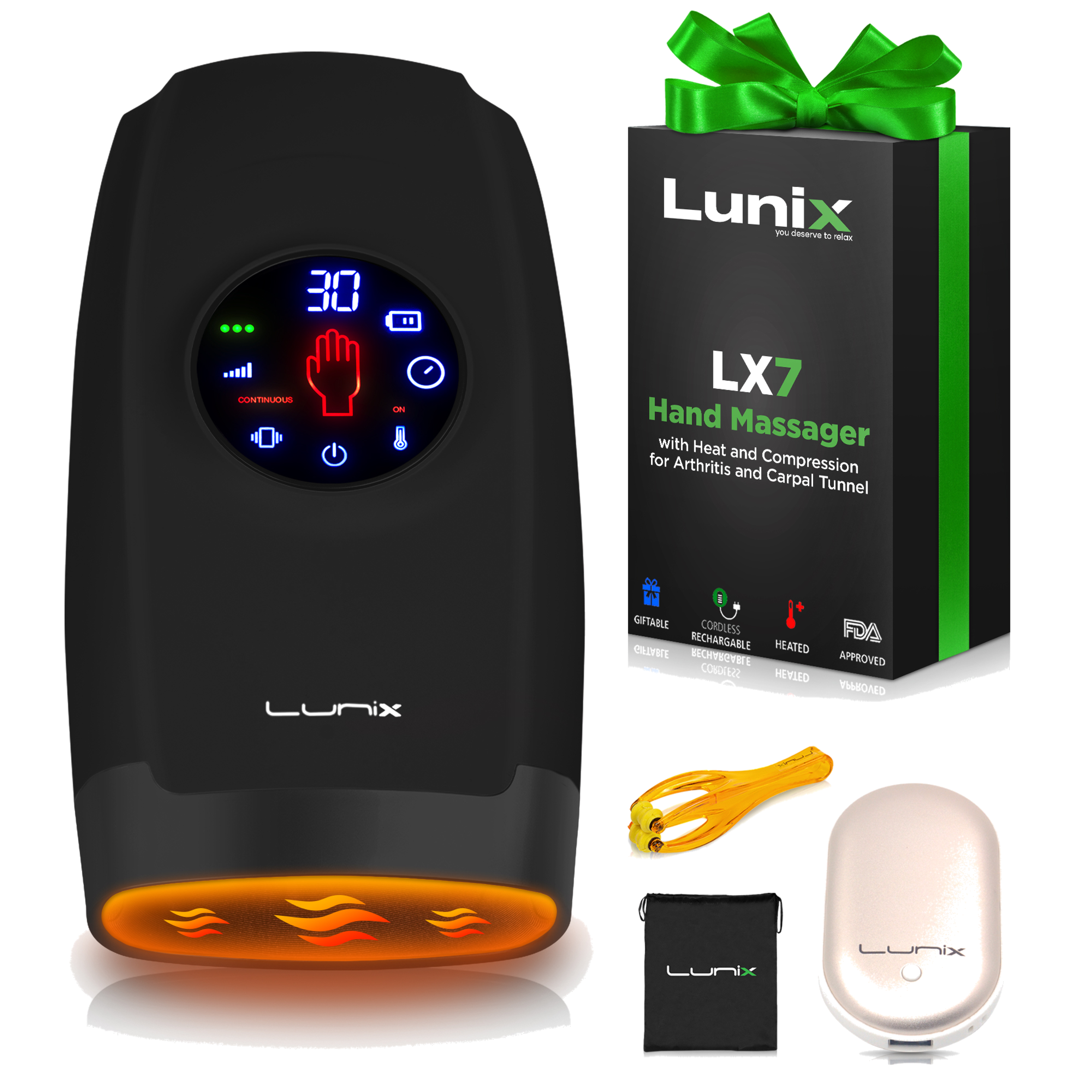 LX7 LCD Touchscreen Hand Massager, Heated Air Compression, Charcoal Black