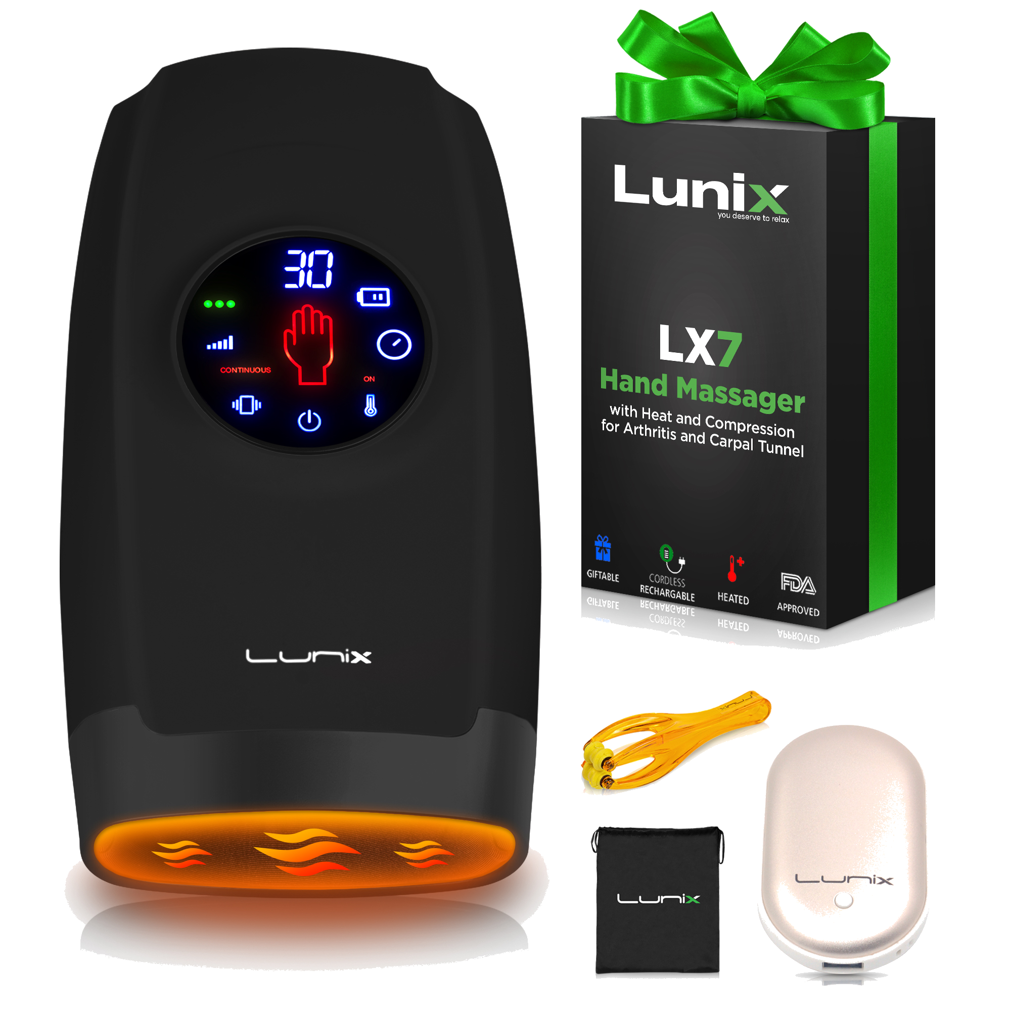 LX7 LCD Touchscreen Hand Massager, Heated Air Compression, Charcoal Black